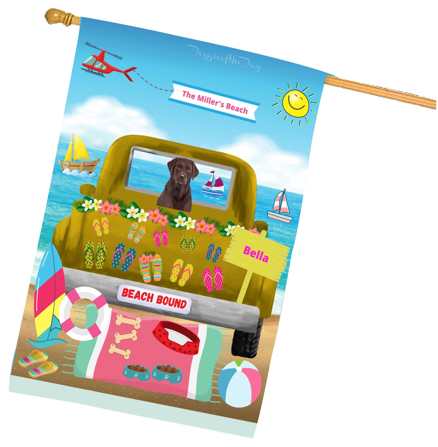 Personalized Beach Bound Dog Cat Pets House Flag 1 to 5 Pets