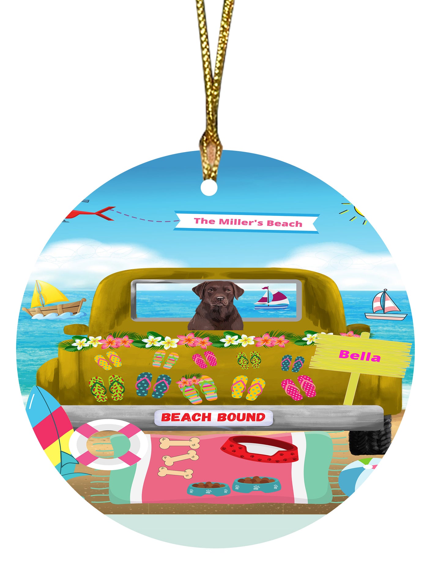 Personalized Beach Bound Dog Cat Pets Round Flat Christmas Tree Ornament 1-5 Pets