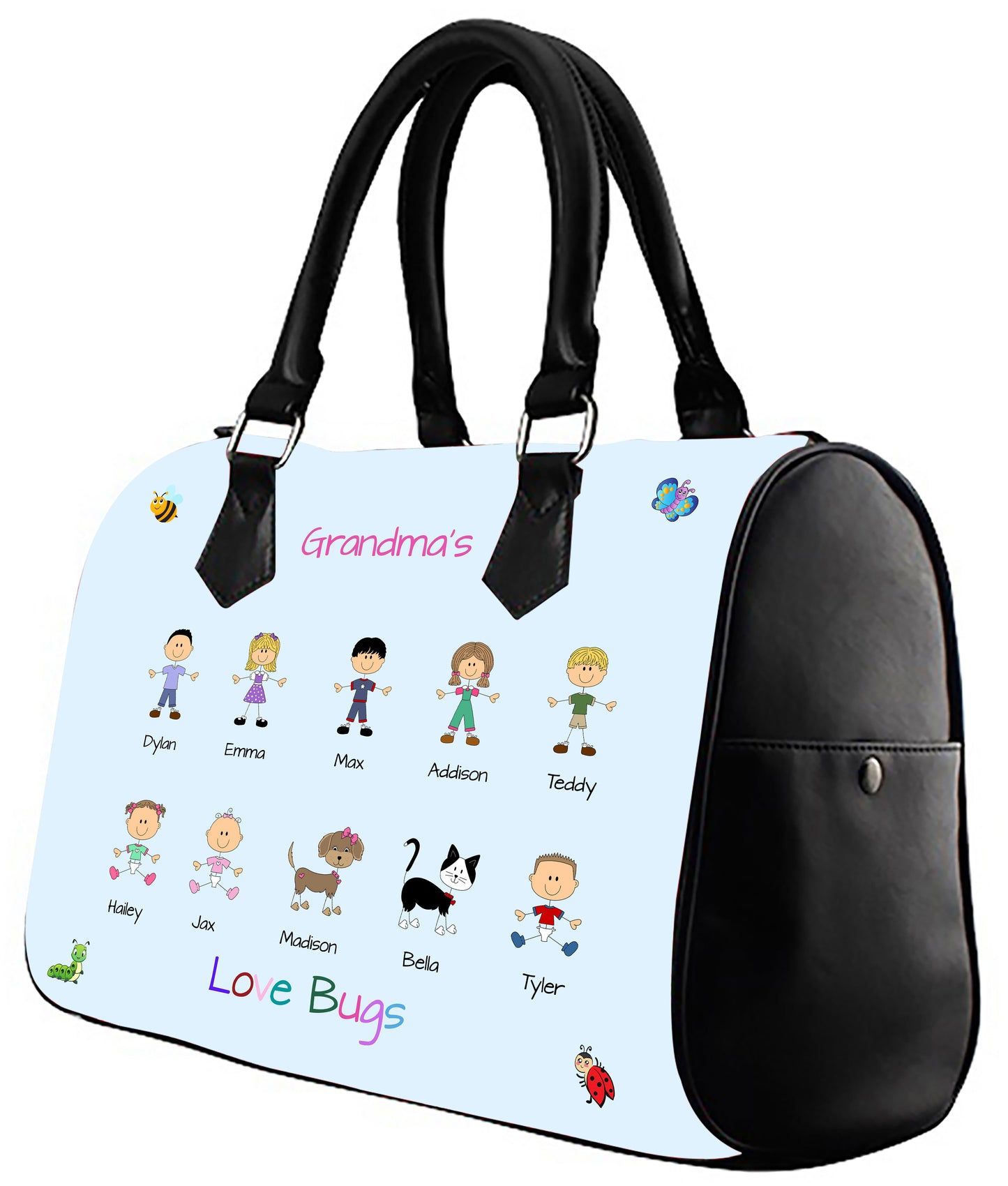 Personalized Dog Cat Pets Grandma, Aunt, Mom, Wife or Sister's Love Bugs Boston Handbag