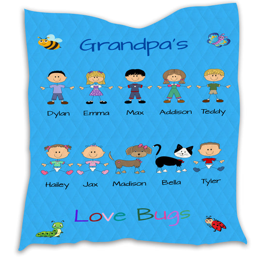 Personalized Dog Cat Pets Grandpa, Uncle, Dad, Husband or Brother's Love Bugs Quilt