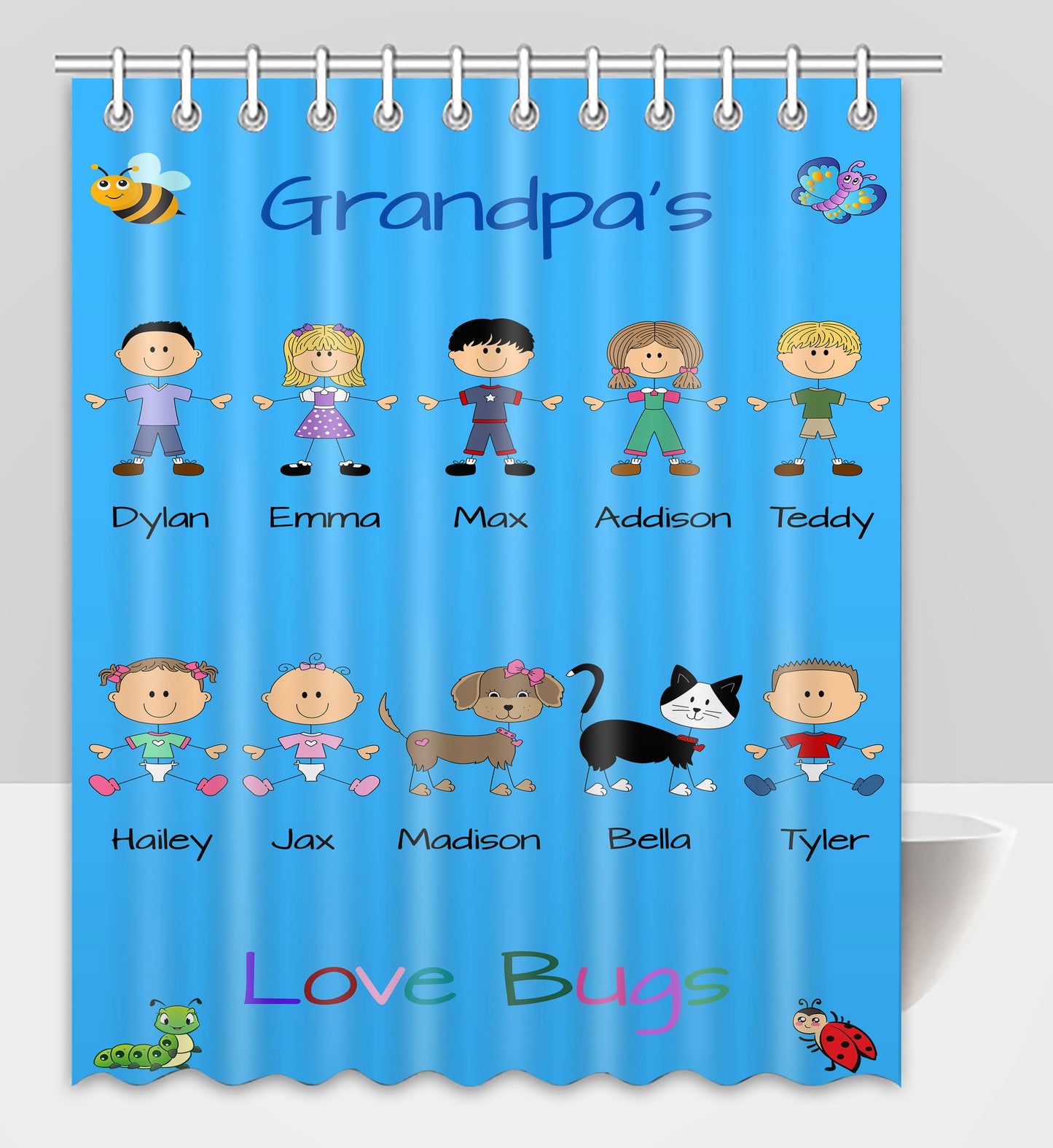 Personalized Dog Cat Pets Grandpa, Uncle, Dad, Husband or Brother's Love Bugs Shower Curtain