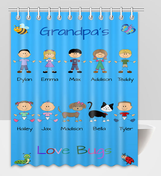 Personalized Dog Cat Pets Grandpa, Uncle, Dad, Husband or Brother's Love Bugs Shower Curtain