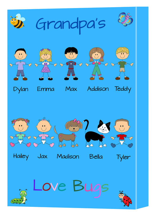 Personalized Dog Cat Pets Grandpa, Uncle, Dad, Husband or Brother's Love Bugs Canvas Print Wall Art Décor