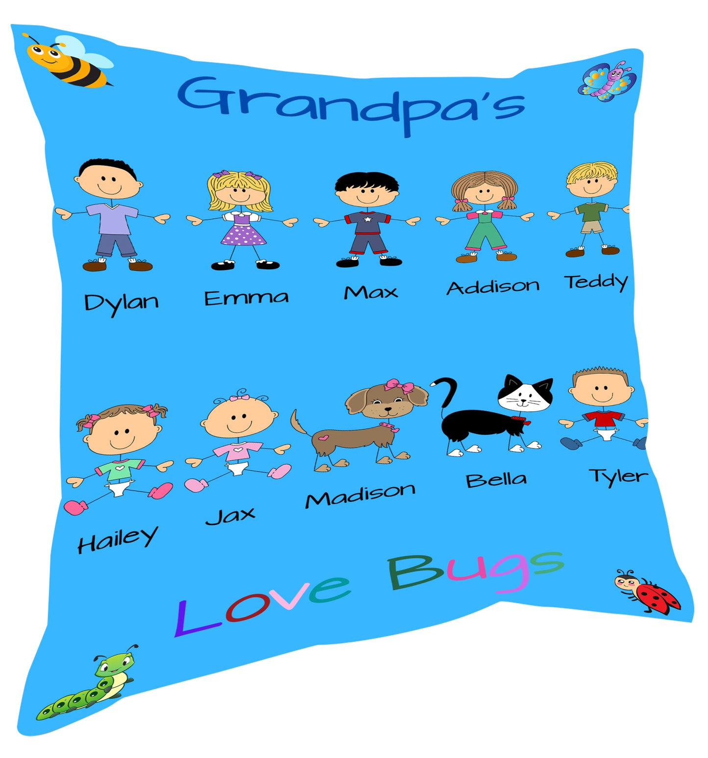 Personalized Dog Cat Pets Grandpa, Uncle, Dad, Husband or Brother's Love Bugs Pillow