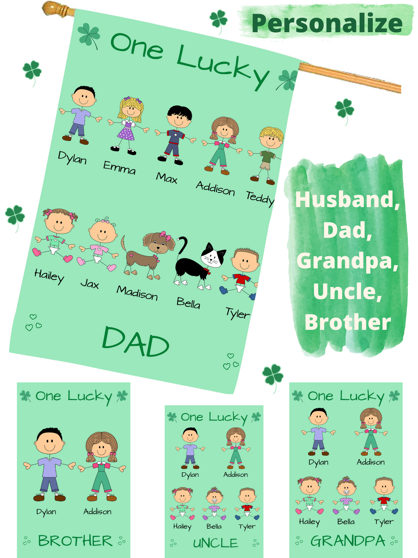 Personalized One Lucky Dog Cat Pets Grandpa, Uncle, Dad, Husband or Brother House Flag