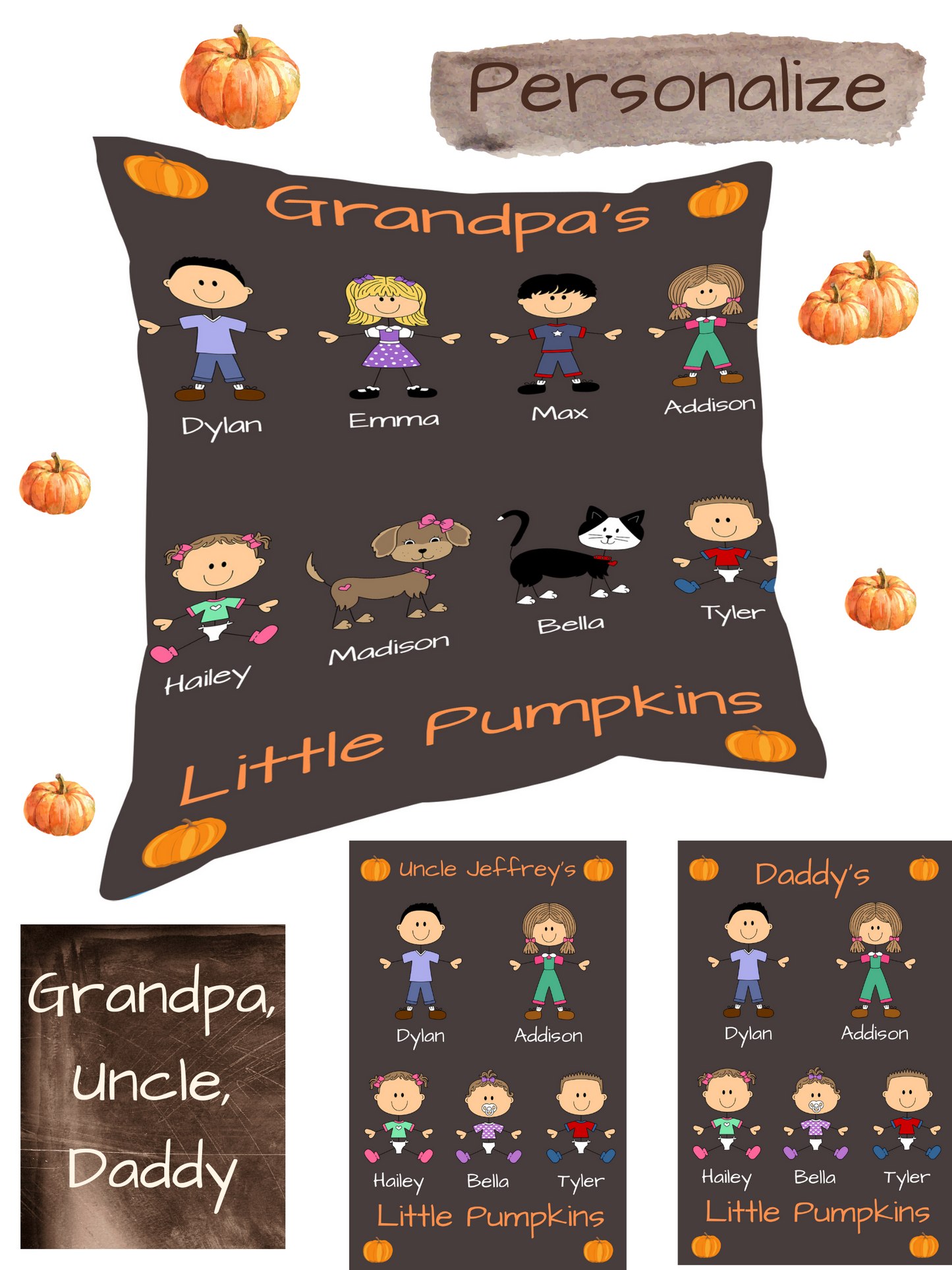 Personalized Dog Cat Pets Grandpa, Uncle, Dad, Husband or Brother's Little Pumpkins Pillow