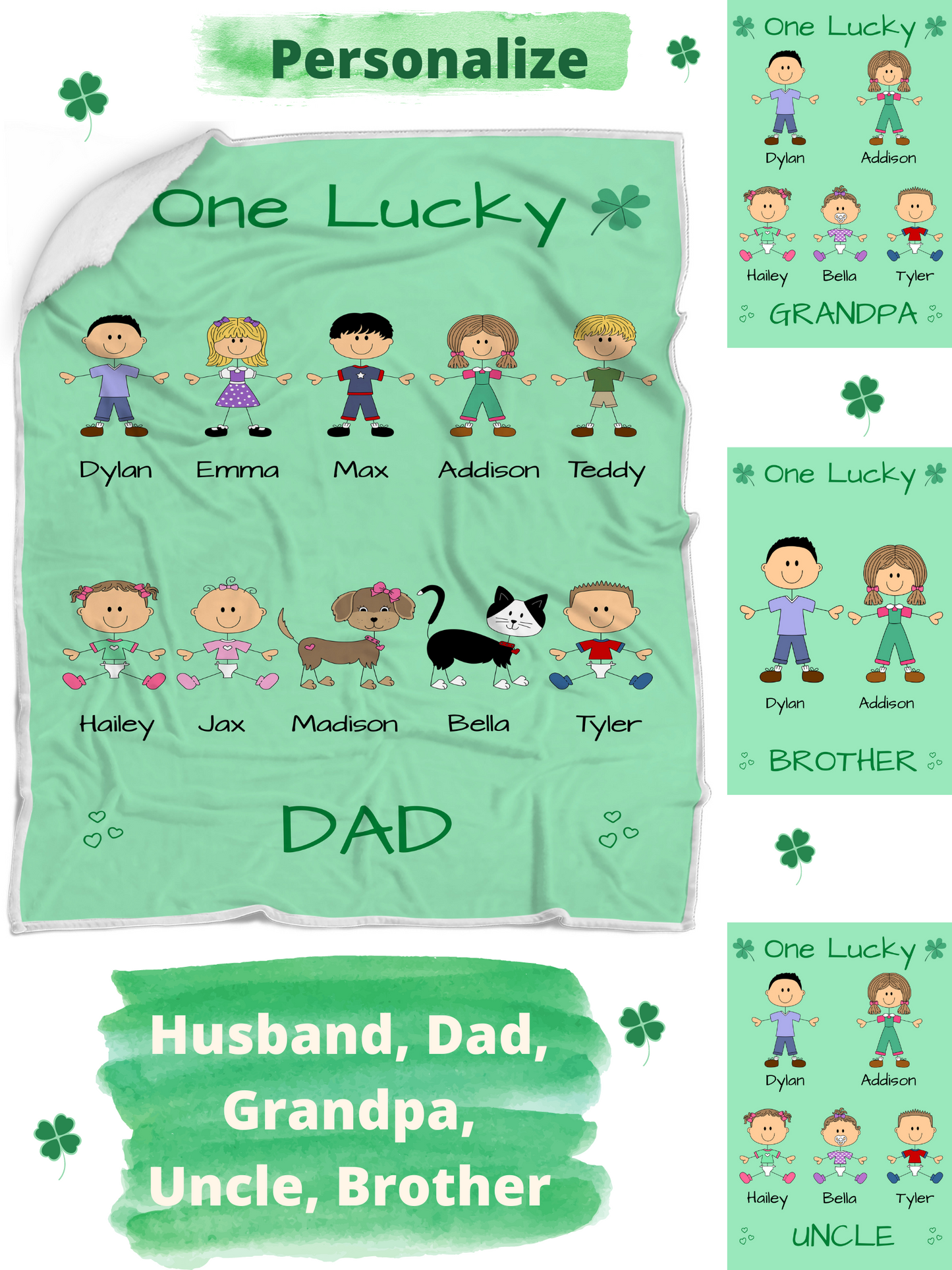 Personalized One Lucky Dog Cat Pets Grandpa, Uncle, Dad, Husband or Brother Blanket