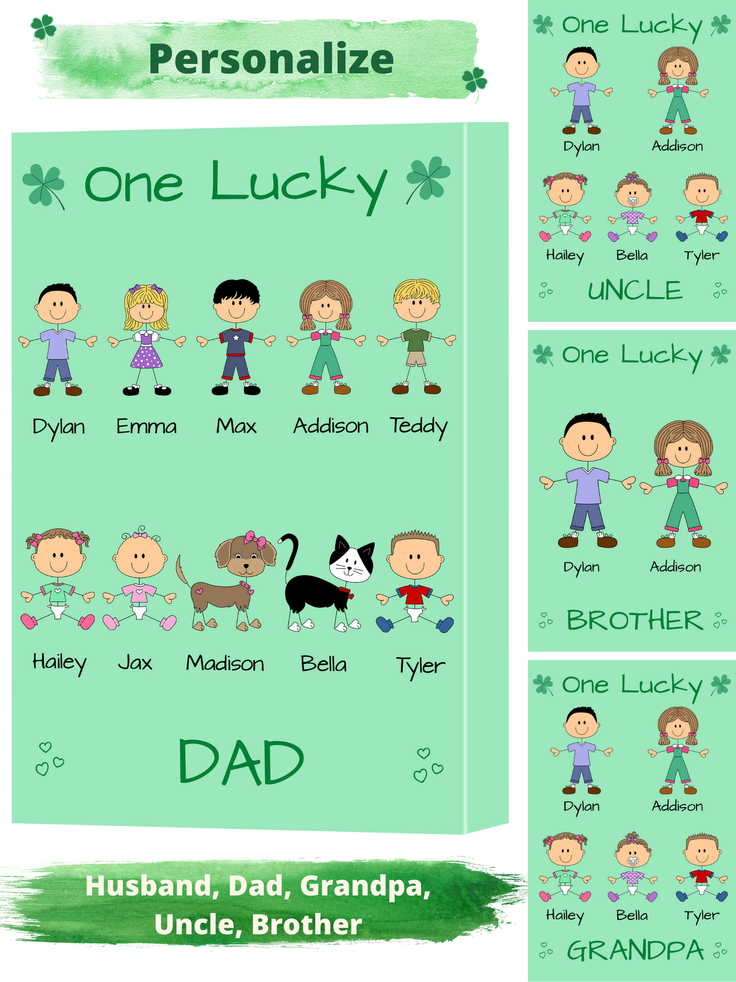 Personalized One Lucky Dog Cat Pets Grandpa, Uncle, Dad, Husband or Brother Canvas Print Wall Art Décor