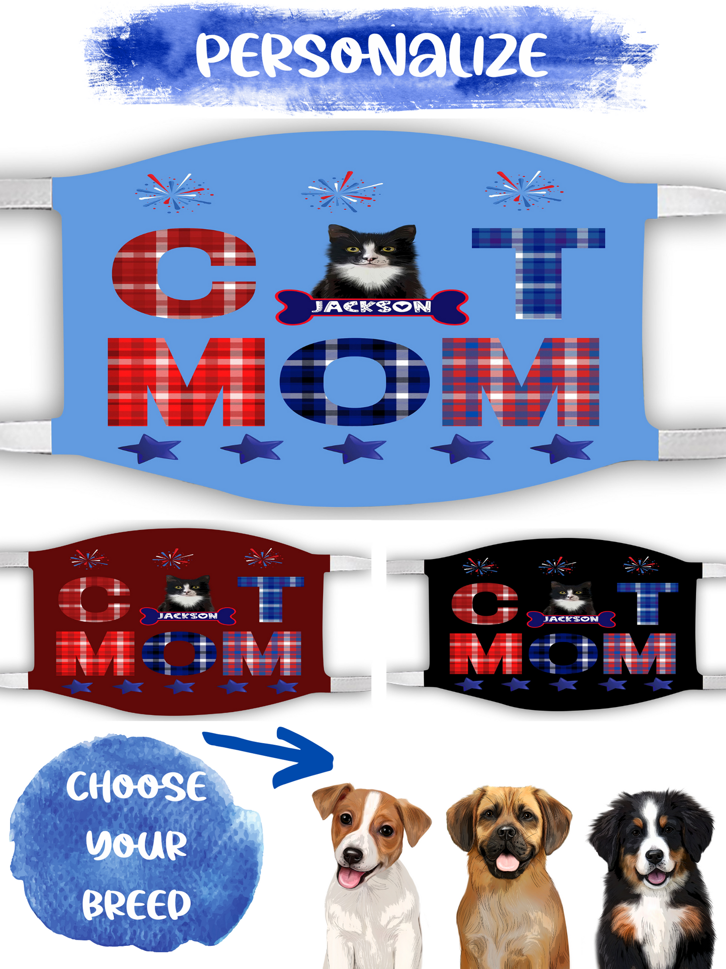Personalized Patriotic Cat Mom Face Mask