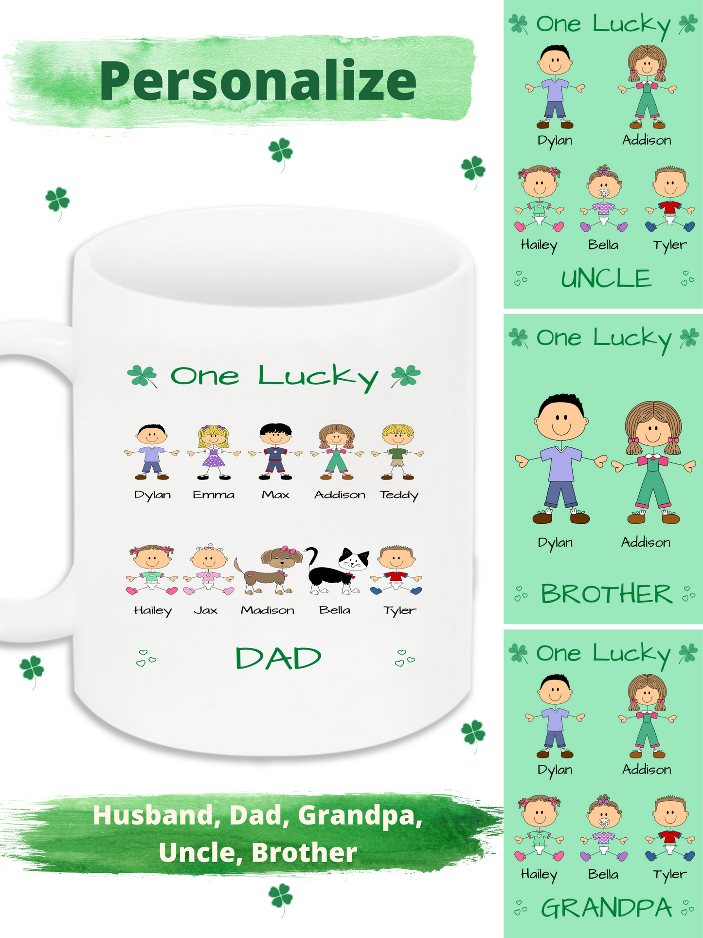 Personalized One Lucky Dog Cat Pets Grandpa, Uncle, Dad, Husband or Brother 11 OZ Coffee Mug