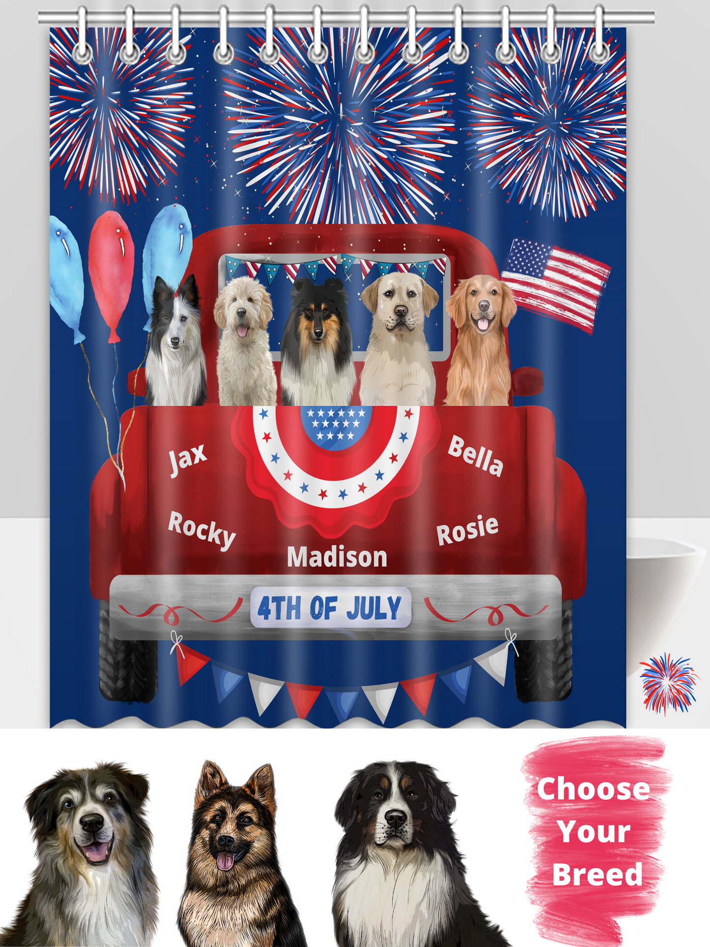 Personalized 4th of July Independence Dog Cat Pets Shower Curtain 1-5 Pets