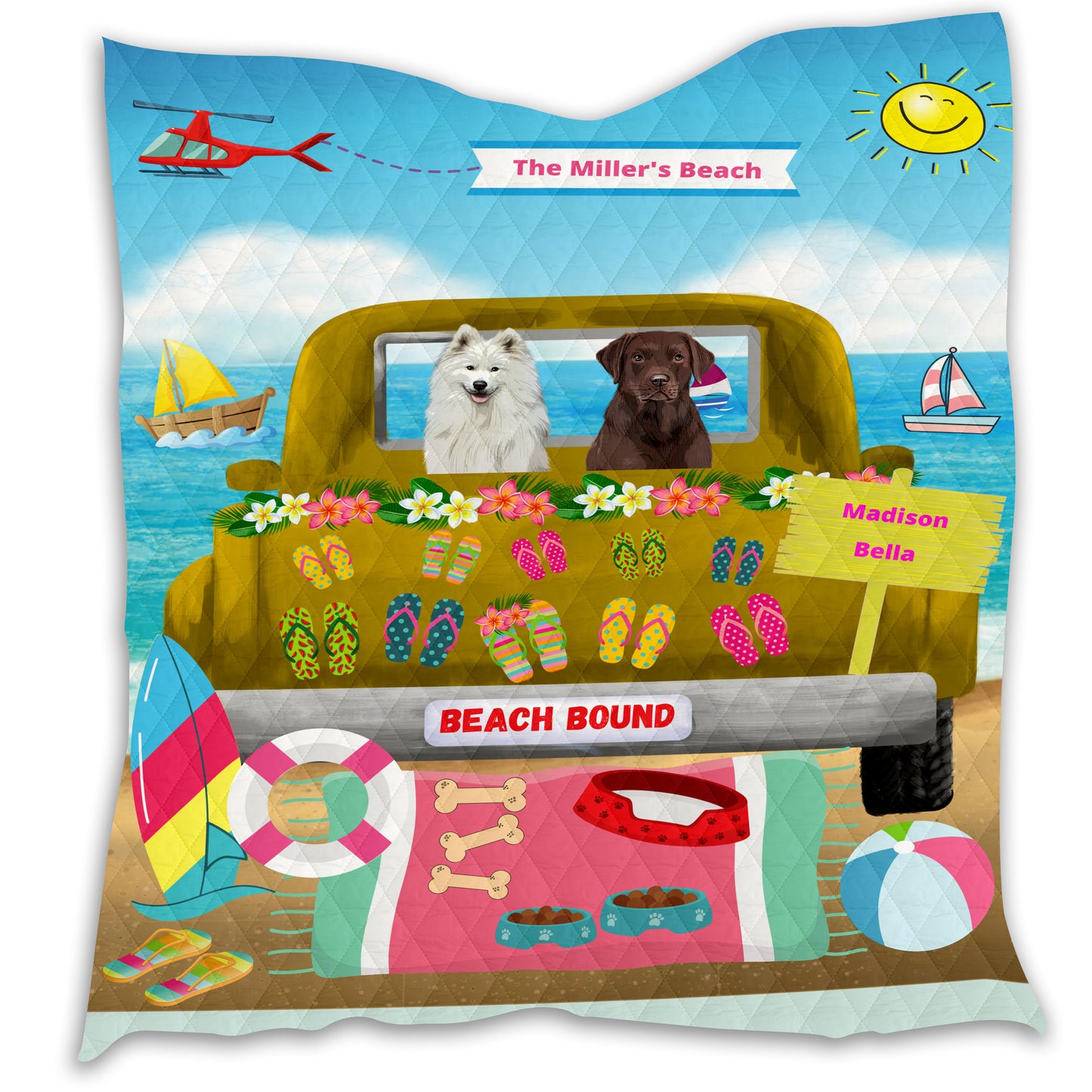 Personalized Beach Bound Dog Cat Pets Quilt 1-5 Pets