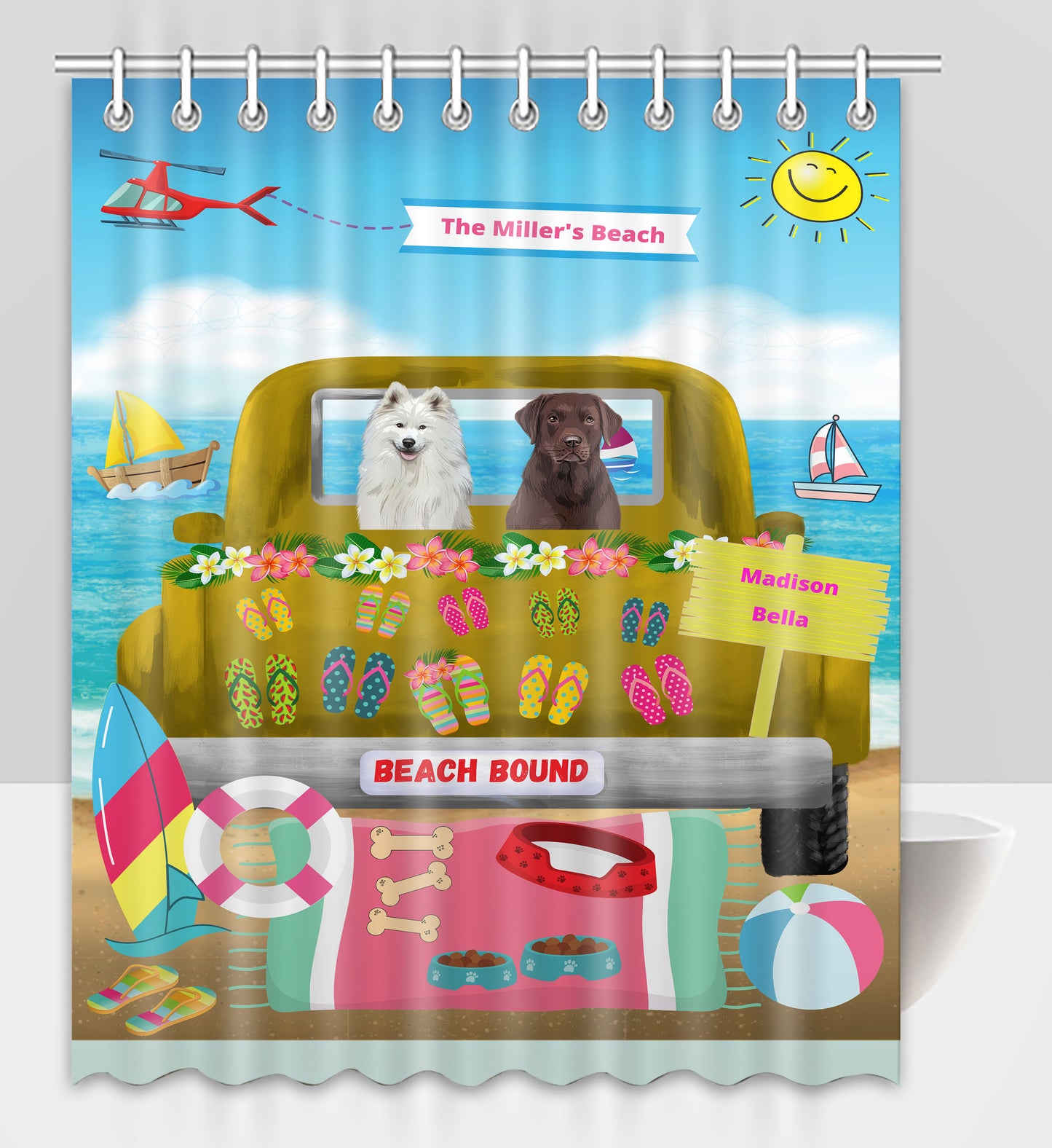 Personalized Beach Bound Dog Cat Pets Shower Curtain 1-5 Pets