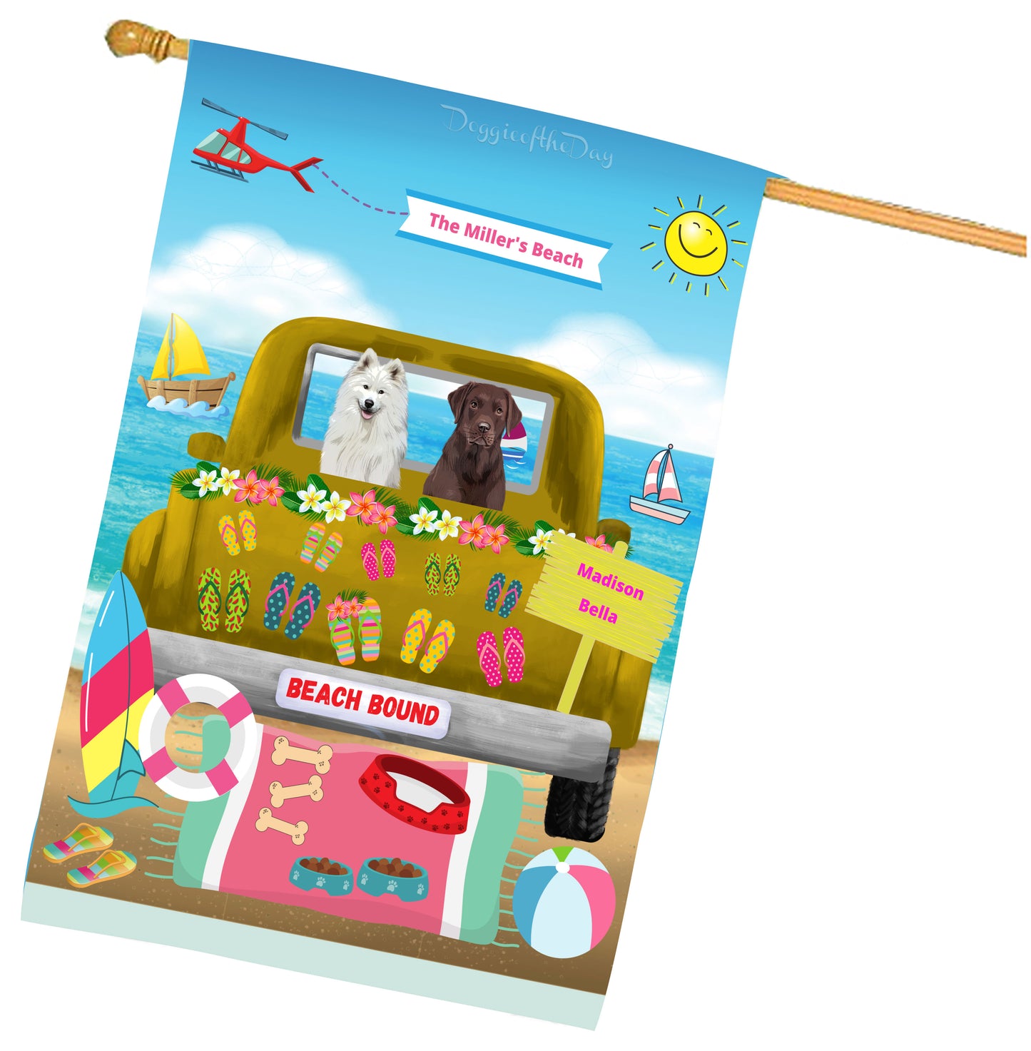 Personalized Beach Bound Dog Cat Pets House Flag 1 to 5 Pets