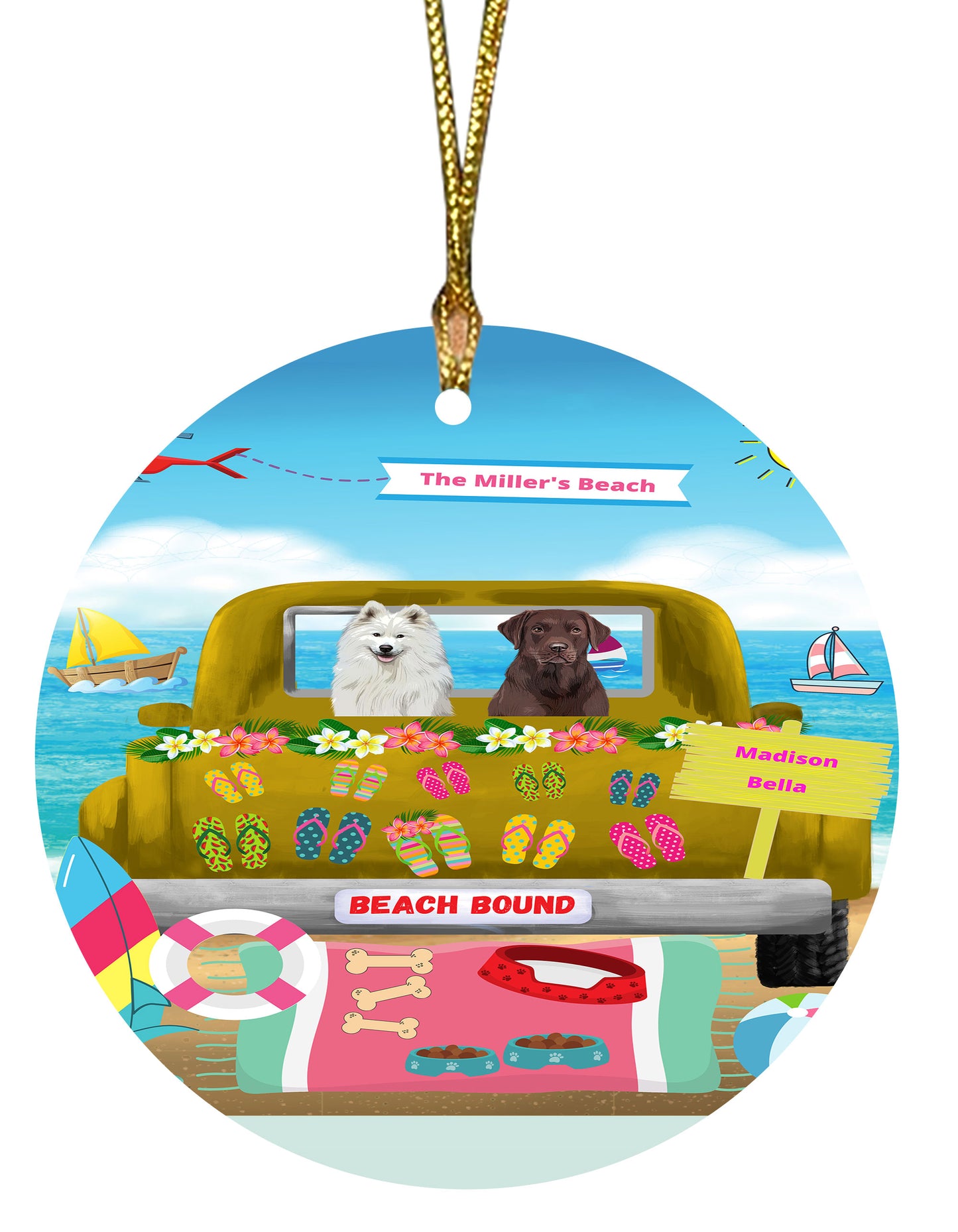 Personalized Beach Bound Dog Cat Pets Round Flat Christmas Tree Ornament 1-5 Pets