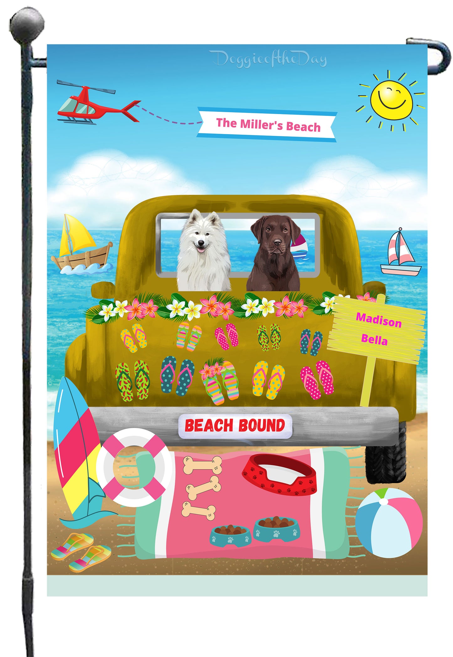 Personalized Beach Bound Dog Cat Pets Garden Flag 1 to 5 Pets