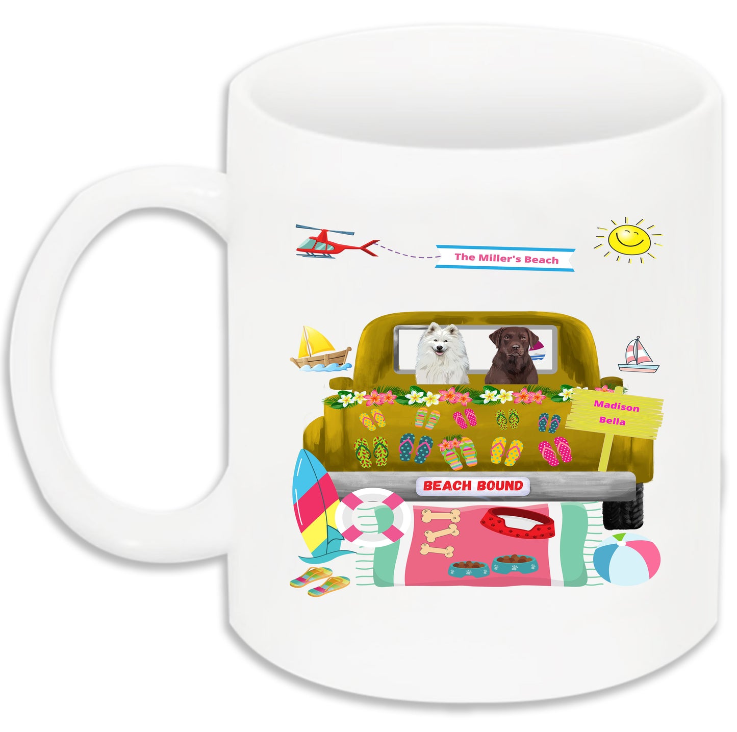 Personalized Beach Bound Dog Cat Pets Mug 1 to 5 Pets