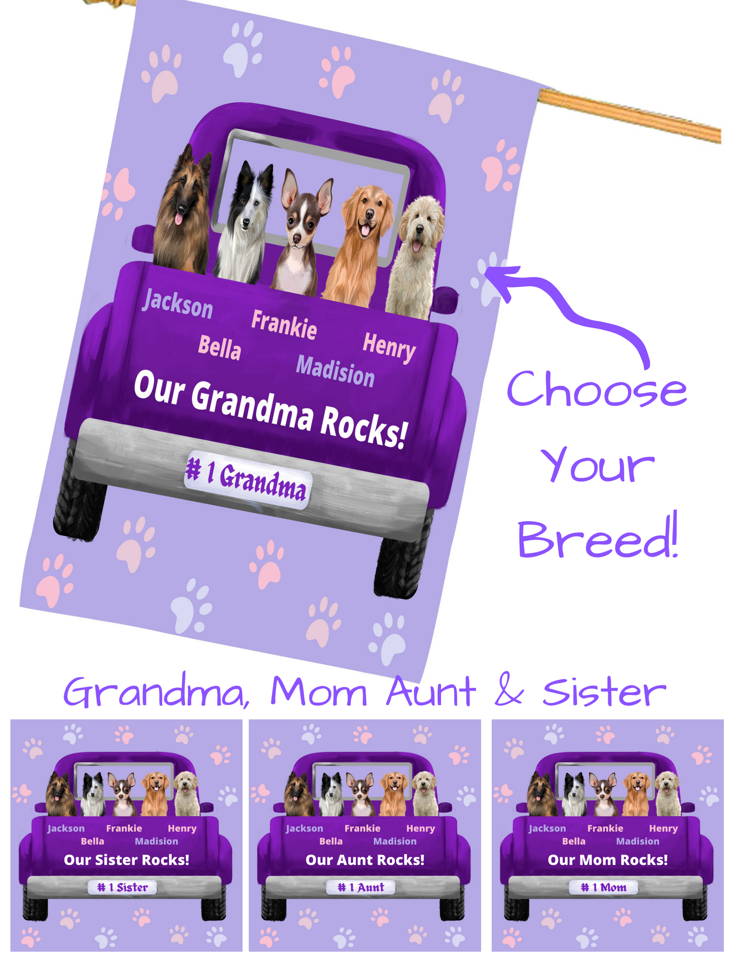 Personalized Purple Truck Dog Cat Pets House Flag 1 to 5 Pets