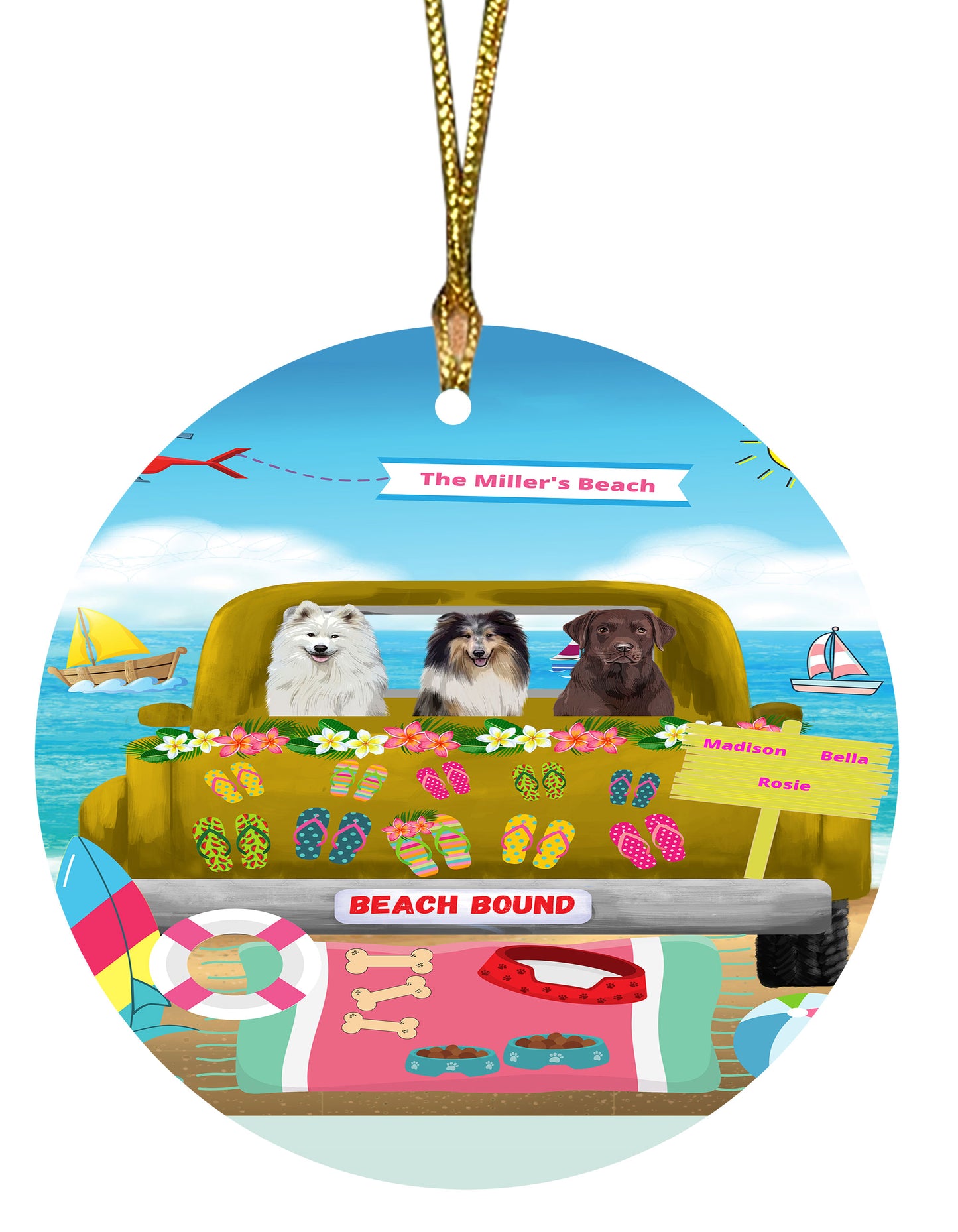 Personalized Beach Bound Dog Cat Pets Round Flat Christmas Tree Ornament 1-5 Pets
