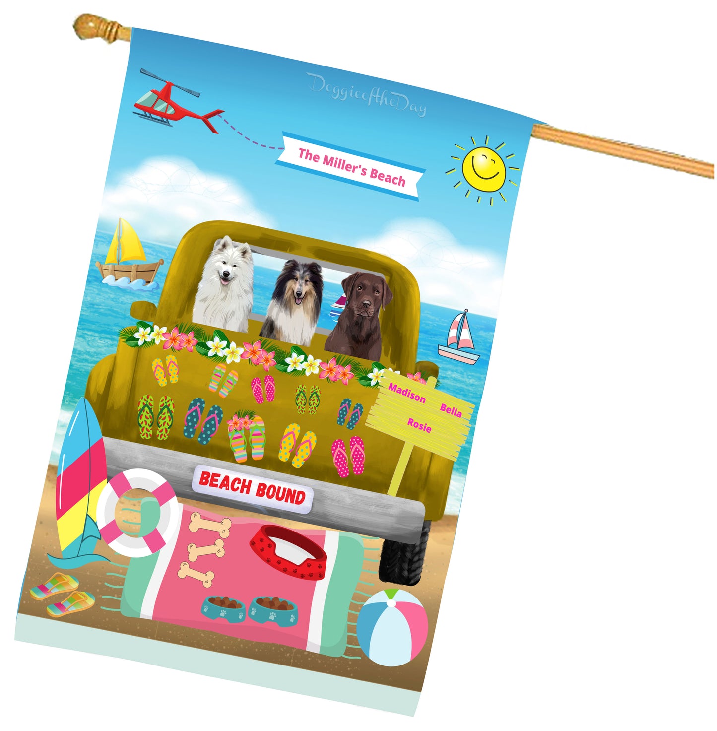 Personalized Beach Bound Dog Cat Pets House Flag 1 to 5 Pets