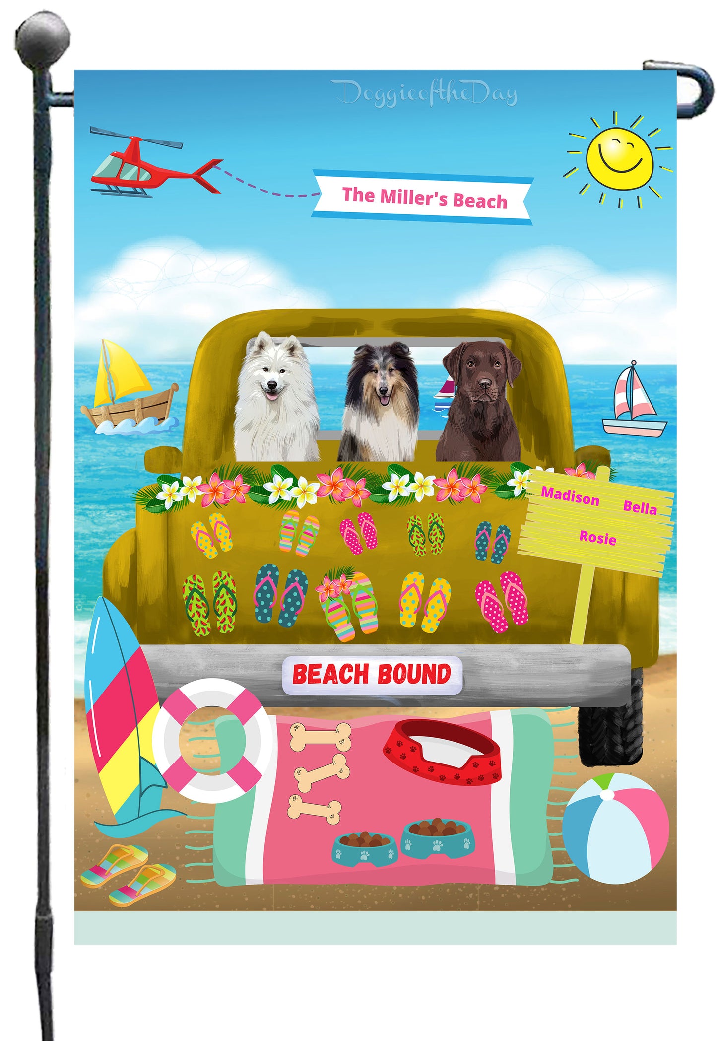 Personalized Beach Bound Dog Cat Pets Garden Flag 1 to 5 Pets