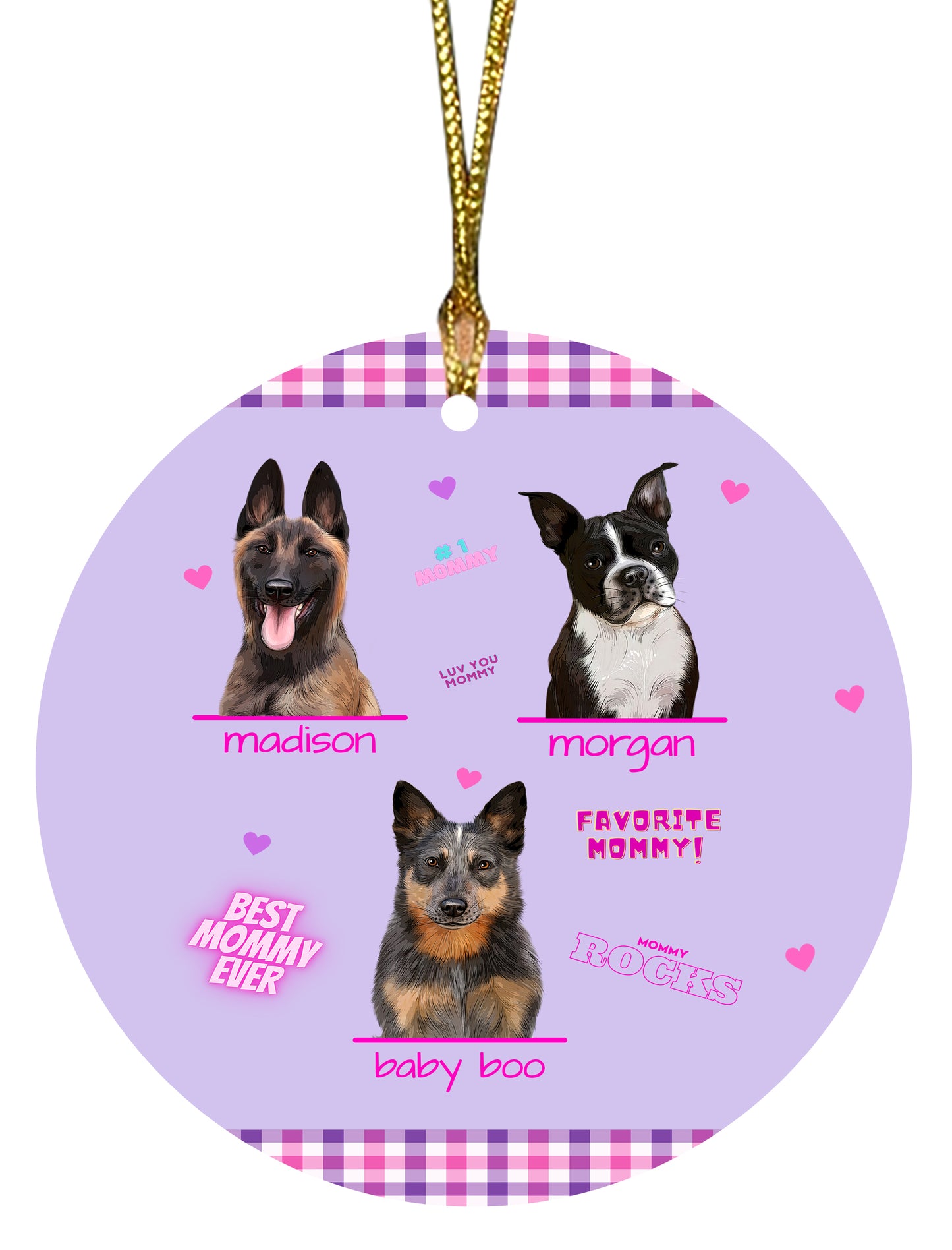 Personalized Favorite Mommy Dog Cat Pets Round Flat Christmas Tree Ornament 1-3 Pets