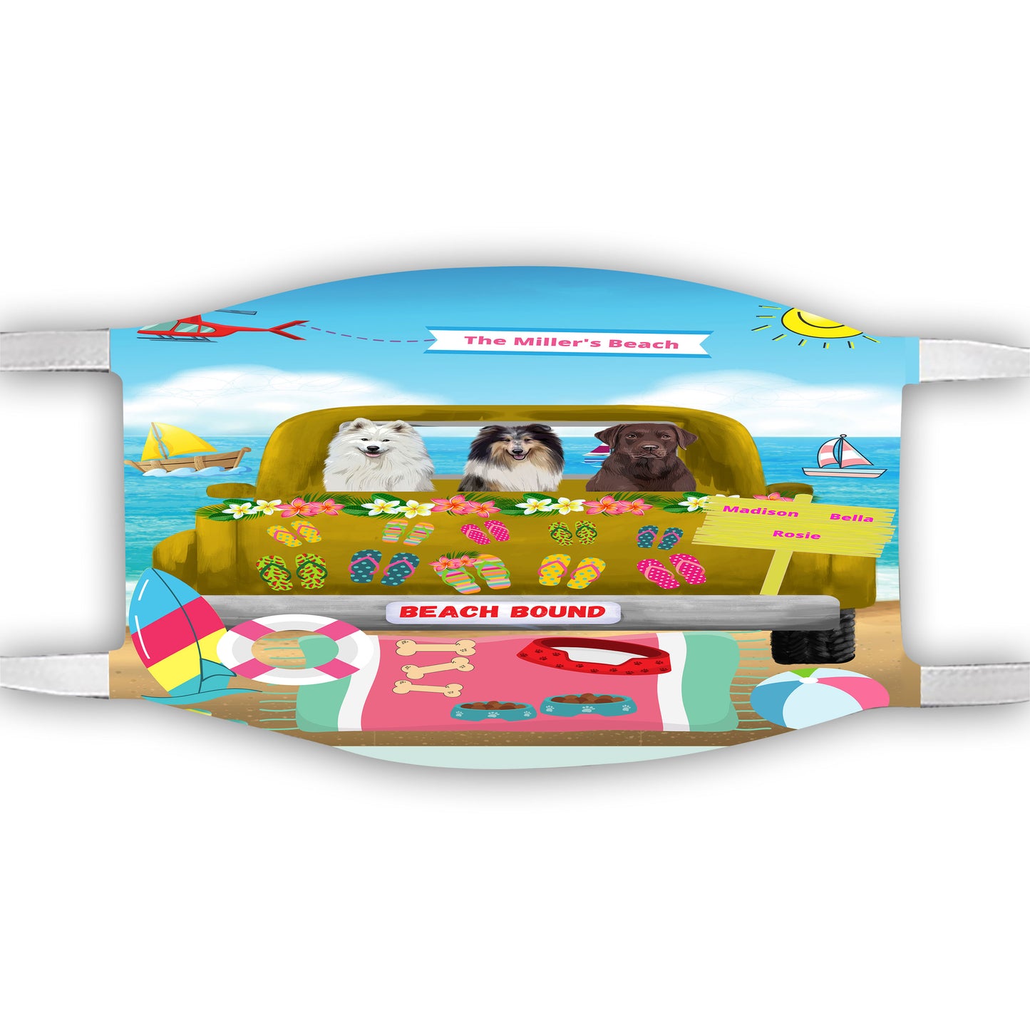 Personalized Beach Bound Dog Cat Pets Face Mask 1 to 5 Pets