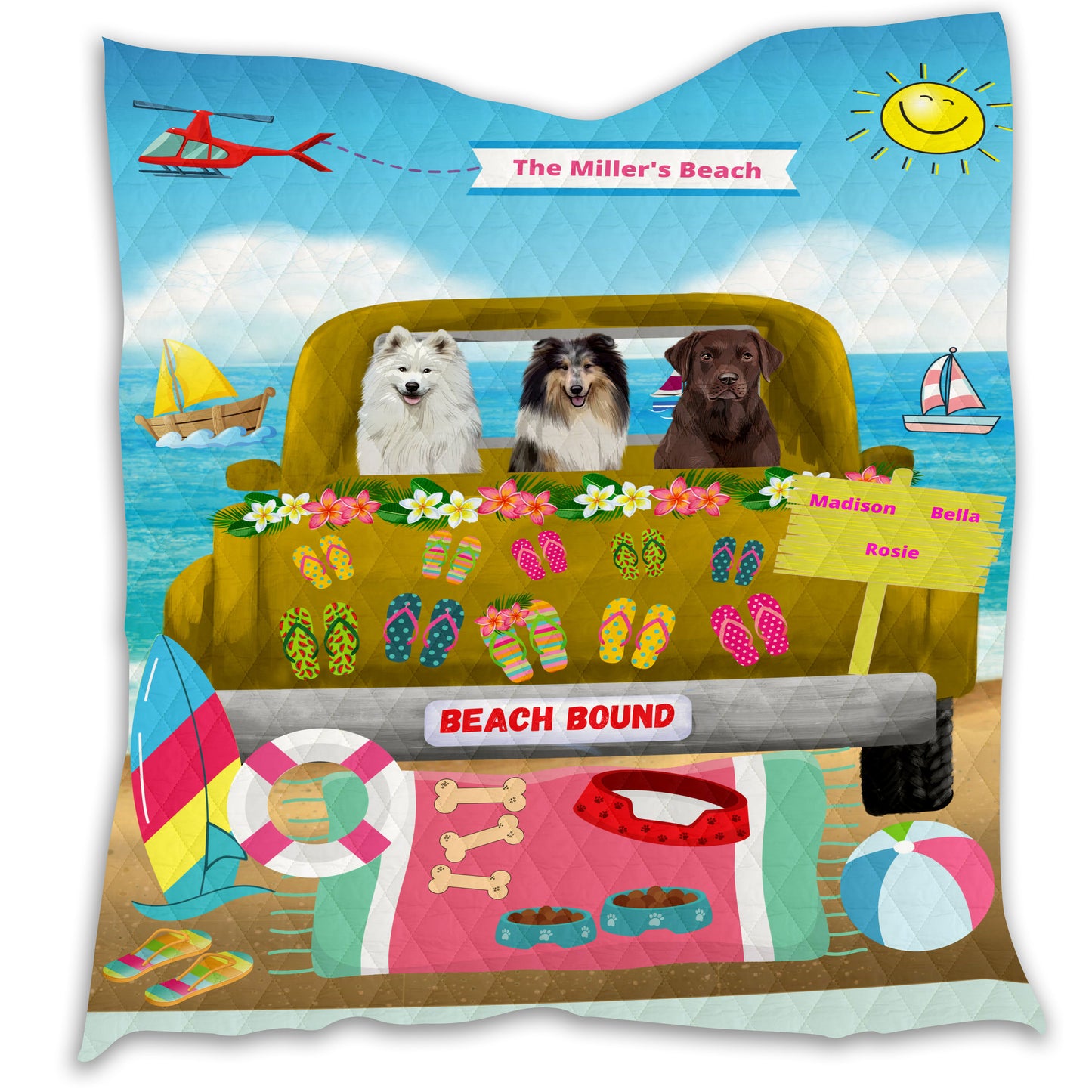 Personalized Beach Bound Dog Cat Pets Quilt 1-5 Pets