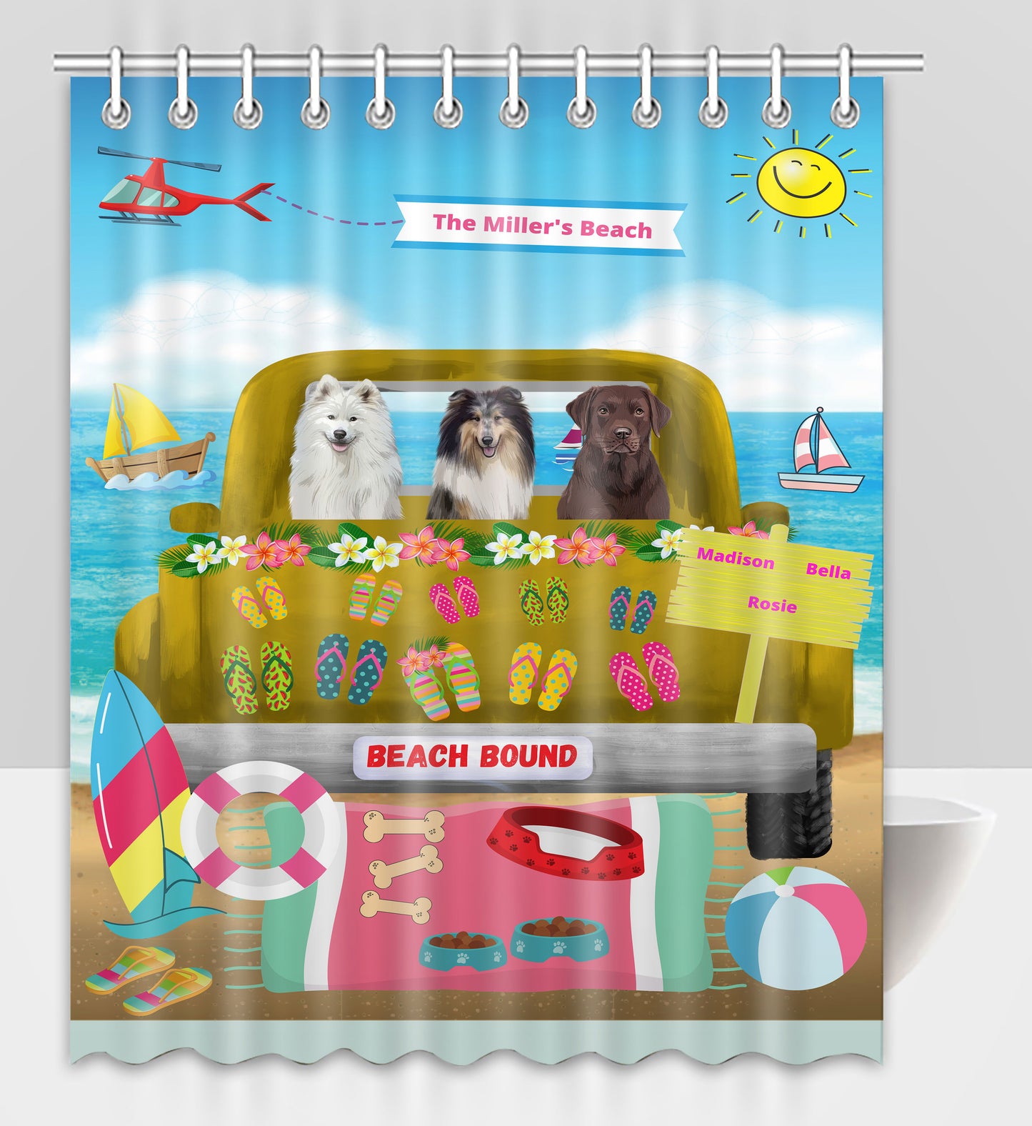 Personalized Beach Bound Dog Cat Pets Shower Curtain 1-5 Pets