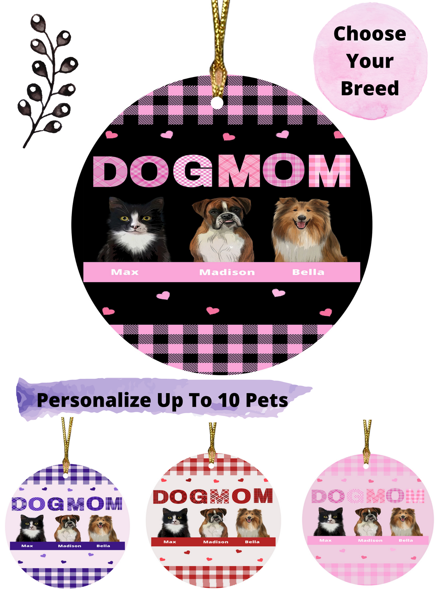 Personalized Dog Cat Pet Mom Round Flat Christmas Tree Ornament