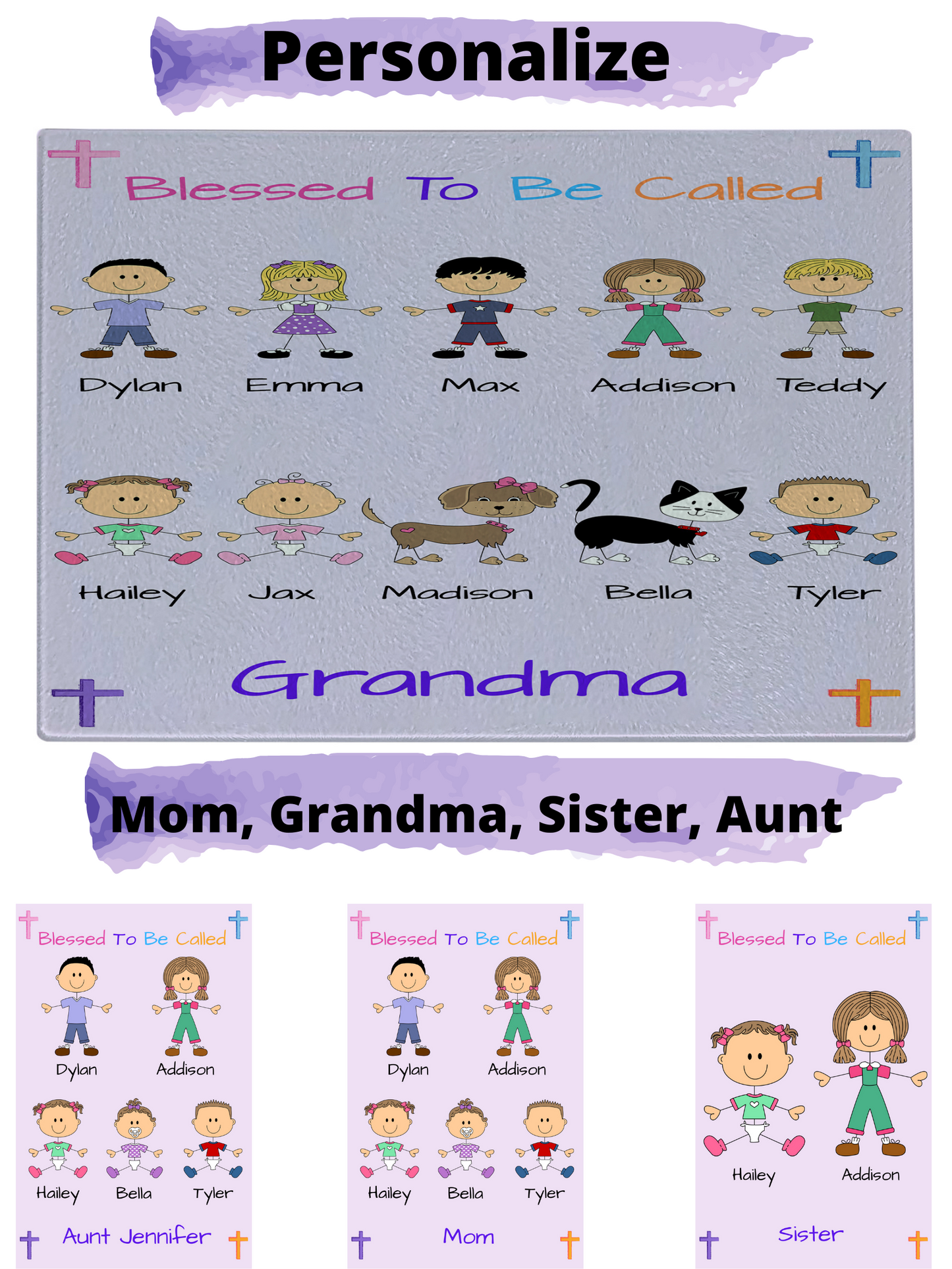 Personalized Blessed To Be Called Dog Cat Pets Grandma, Aunt, Mom, Wife or Sister Glass Cutting Board