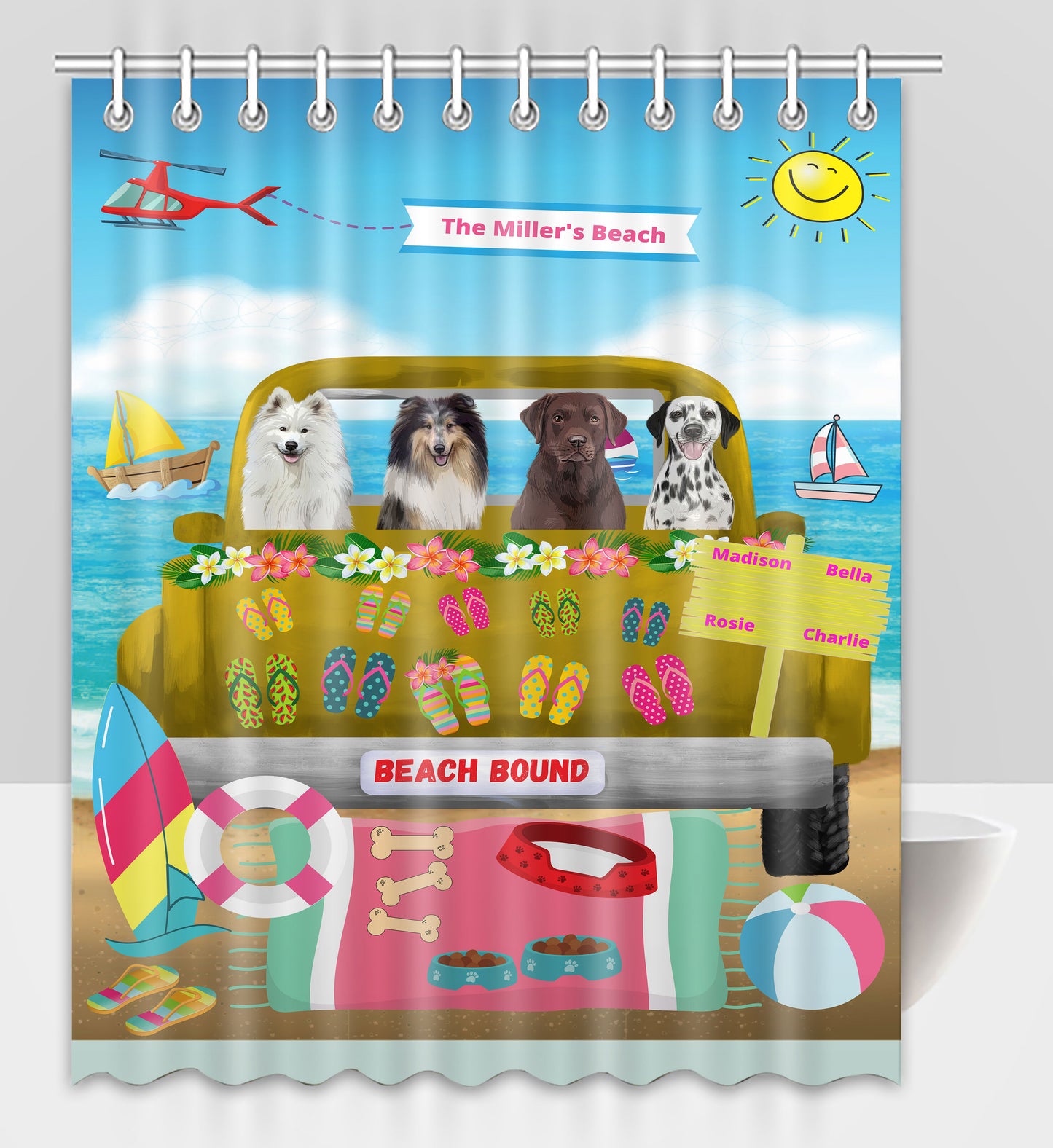 Personalized Beach Bound Dog Cat Pets Shower Curtain 1-5 Pets