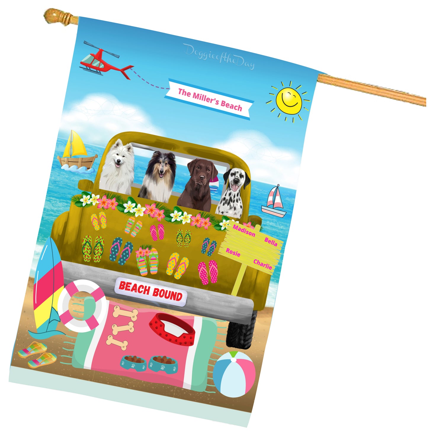 Personalized Beach Bound Dog Cat Pets House Flag 1 to 5 Pets