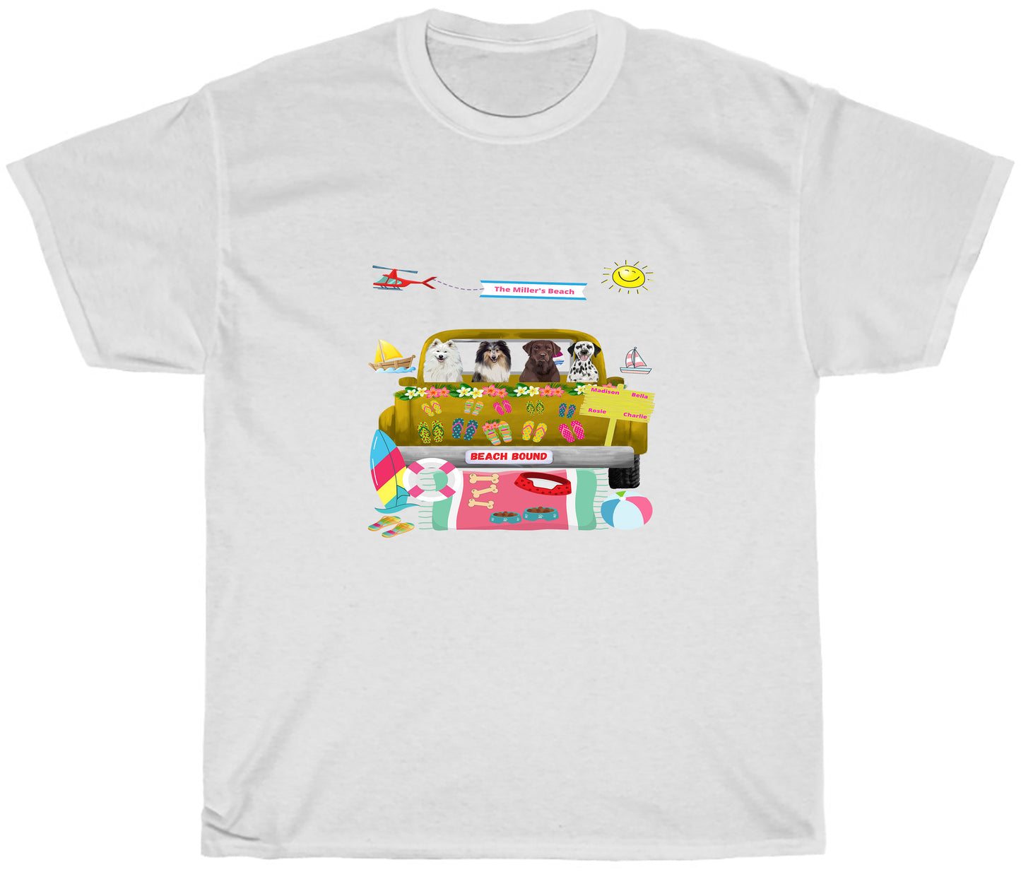 Personalized Beach Bound Dog Cat Pets T-shirt 1 to 5 Pets