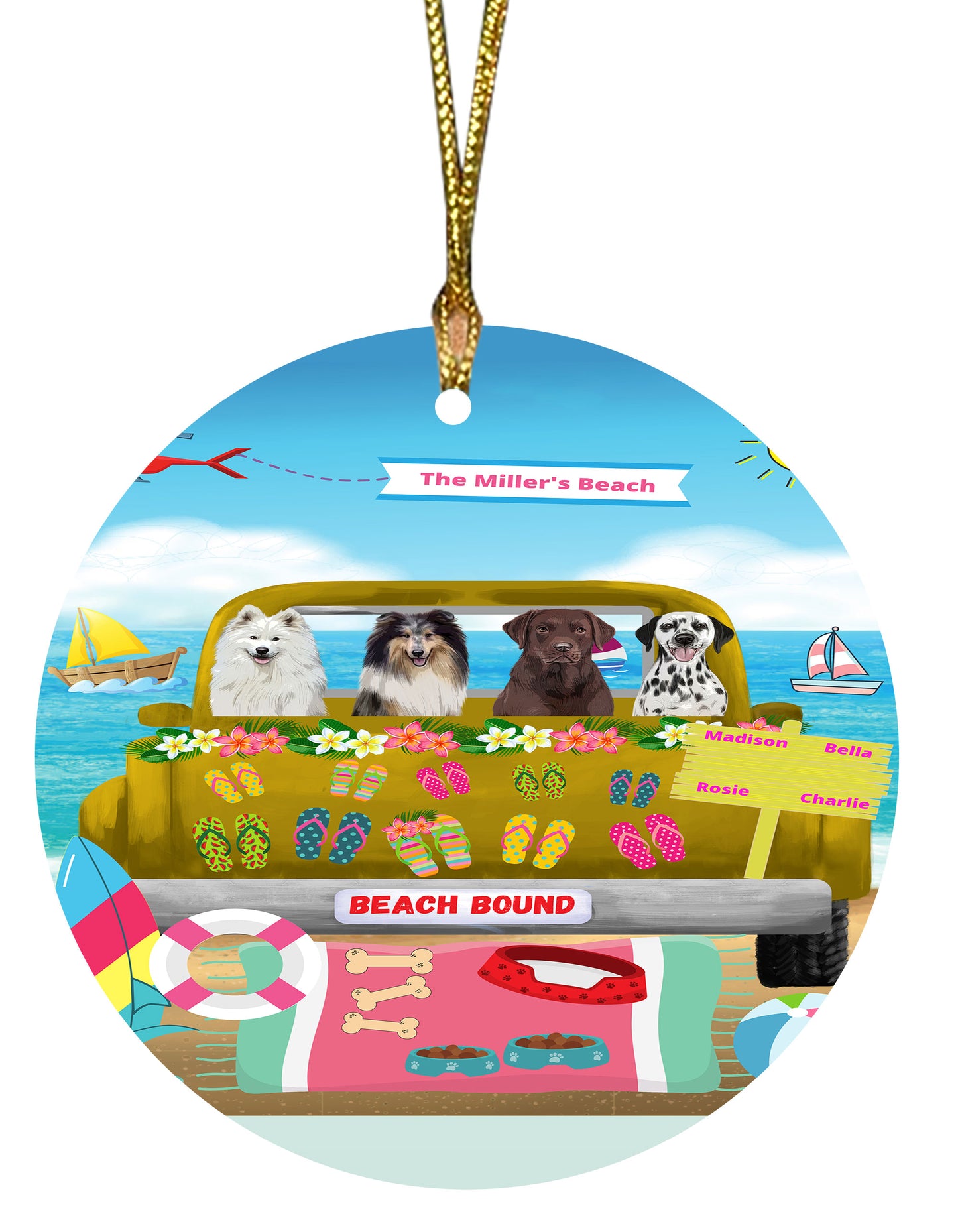 Personalized Beach Bound Dog Cat Pets Round Flat Christmas Tree Ornament 1-5 Pets