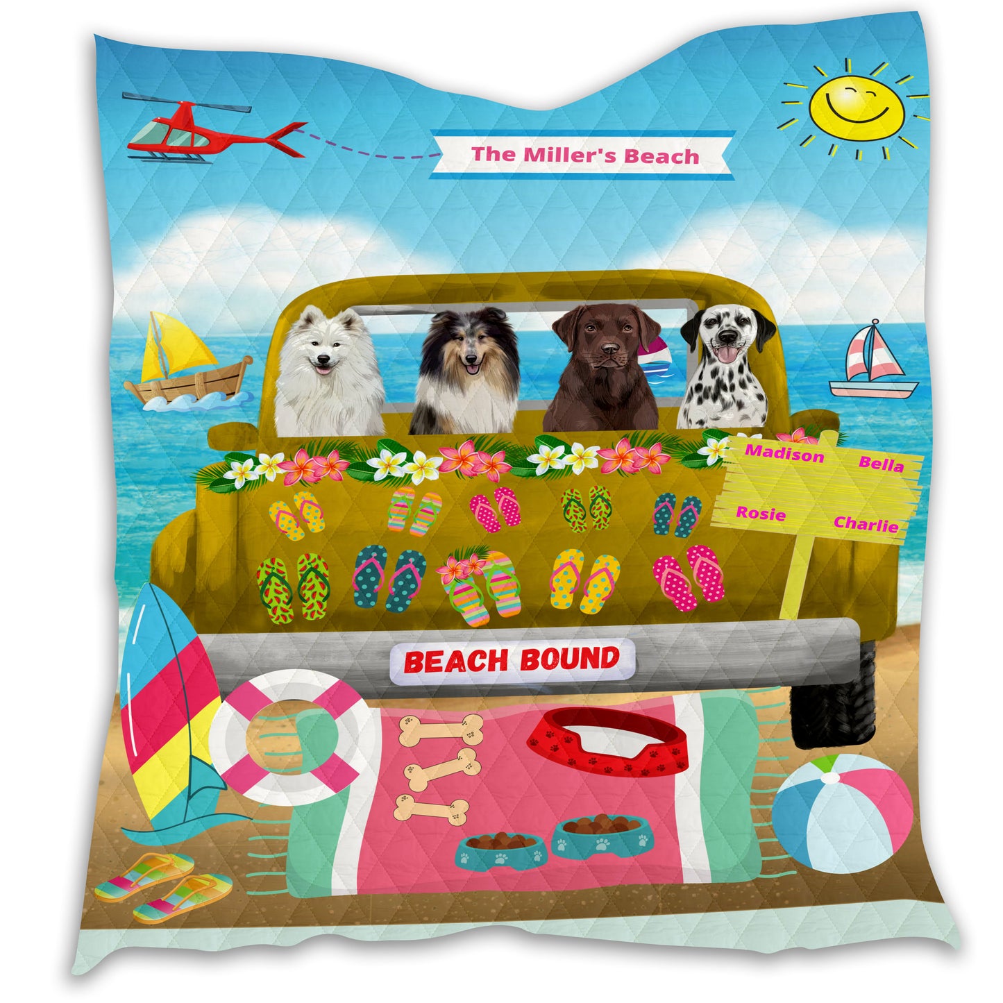 Personalized Beach Bound Dog Cat Pets Quilt 1-5 Pets