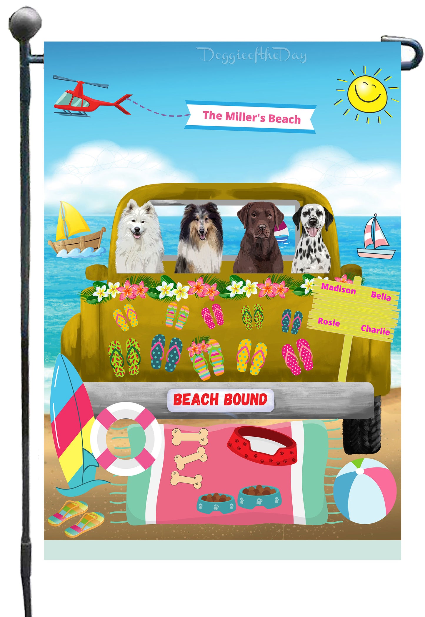 Personalized Beach Bound Dog Cat Pets Garden Flag 1 to 5 Pets