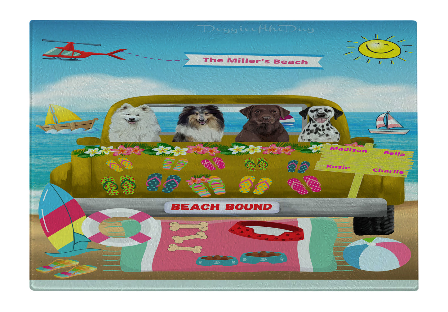 Personalized Beach Bound Dog Cat Pets Cutting Board 1 to 5 Pets