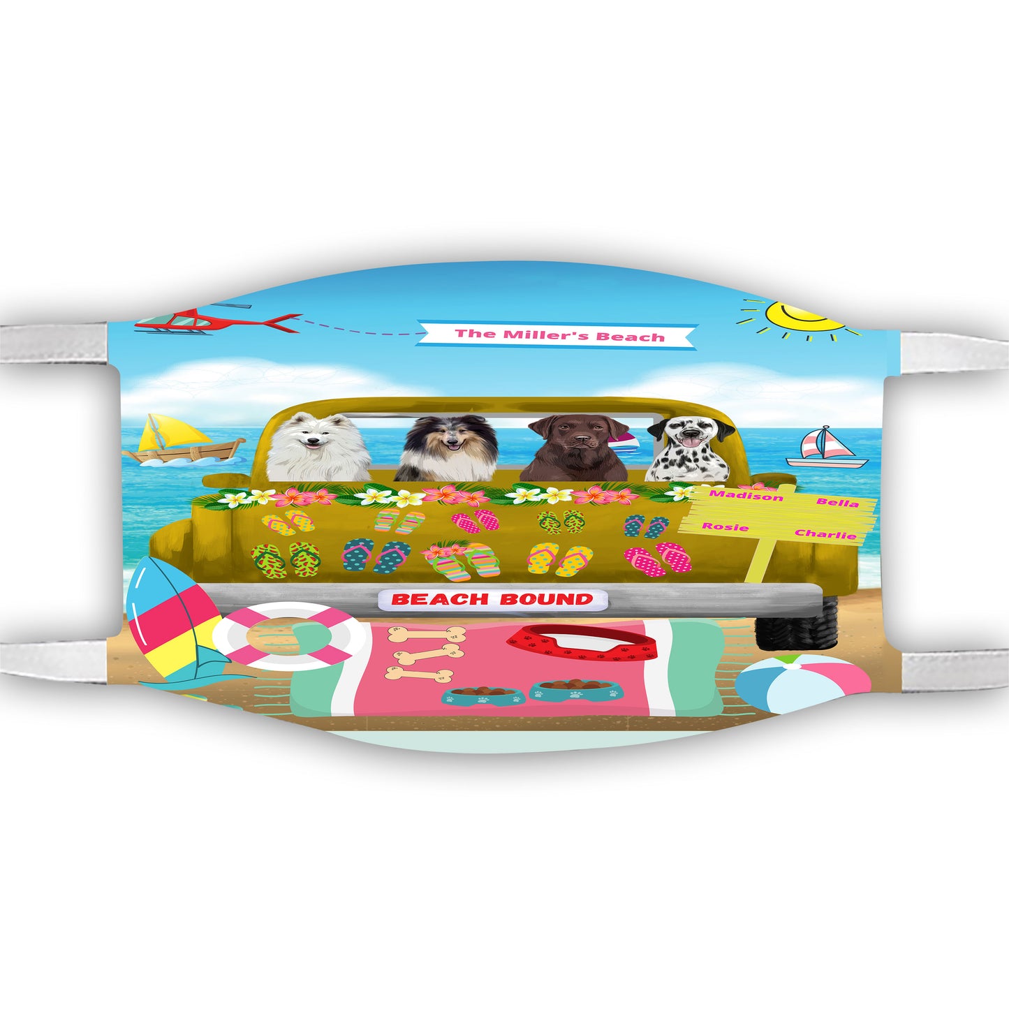 Personalized Beach Bound Dog Cat Pets Face Mask 1 to 5 Pets