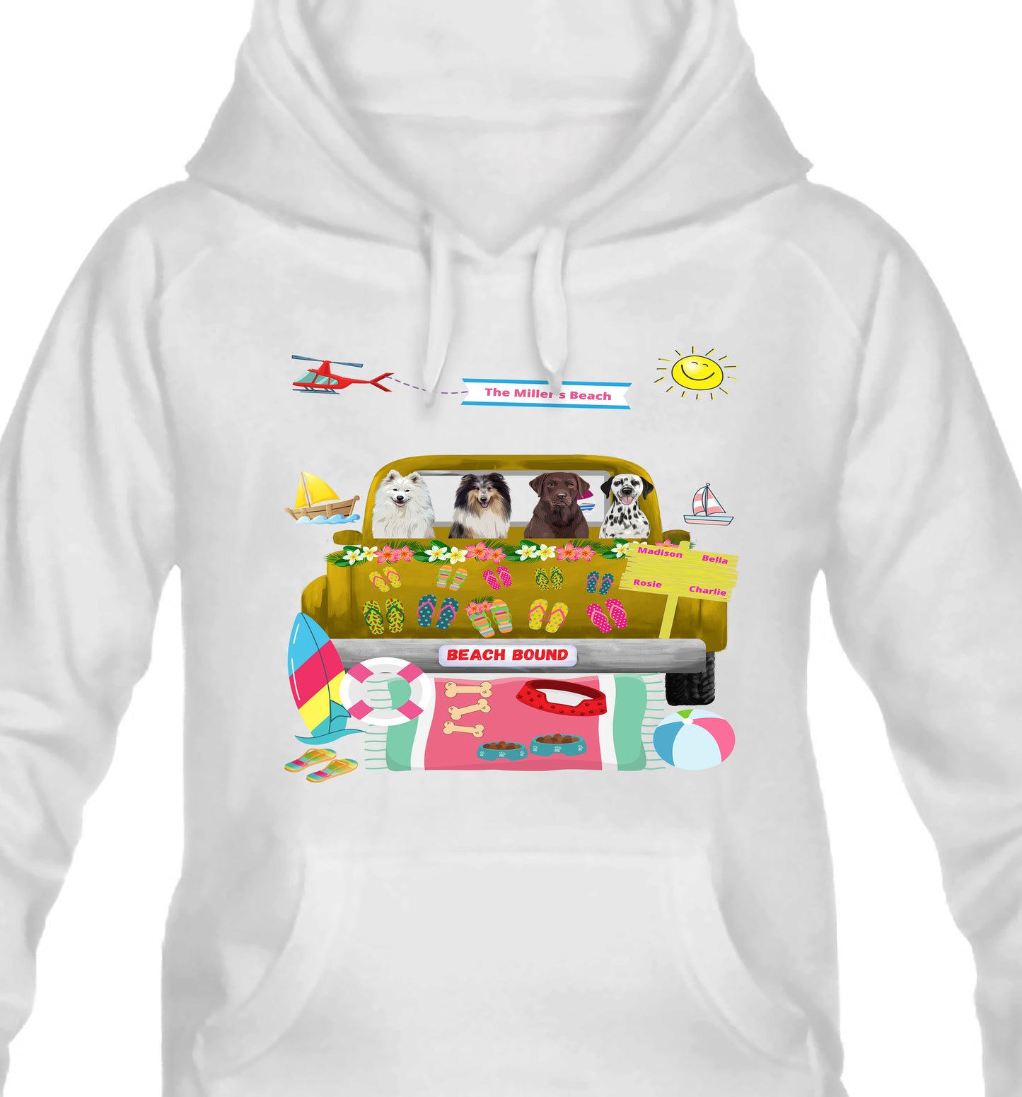 Personalized Beach Bound Dog Cat Pets Pullover Hoodies 1 to 5 Pets