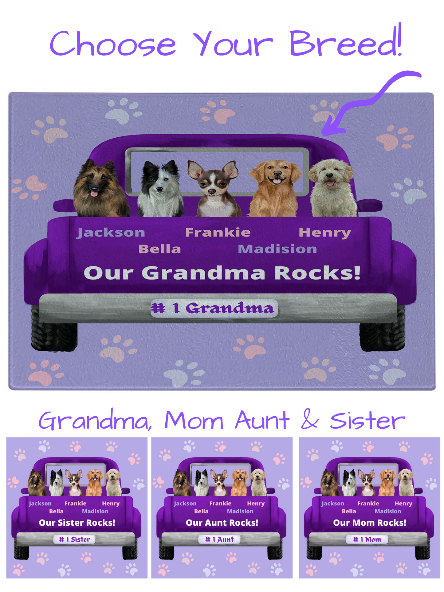Personalized Purple Truck Cutting Board 1 to 5 Pets