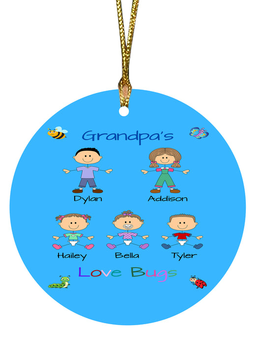 Personalized Dog Cat Pets Grandpa, Uncle, Dad, Husband or Brother's Love Bugs Round Flat Christmas Tree Ornament