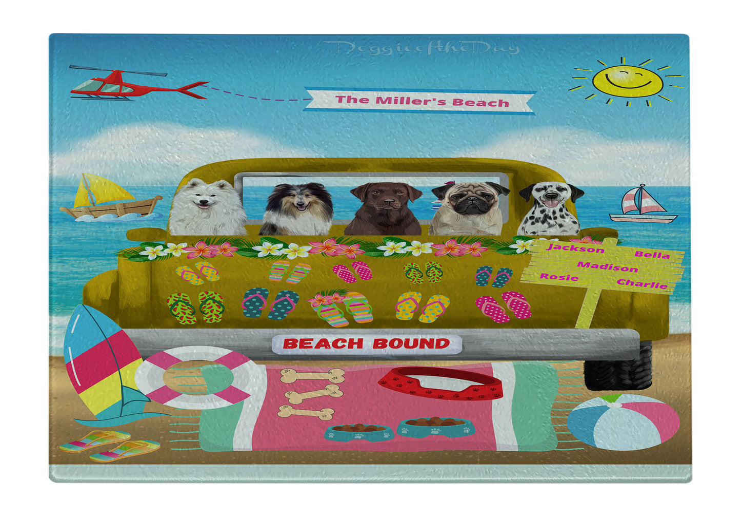 Personalized Beach Bound Dog Cat Pets Cutting Board 1 to 5 Pets