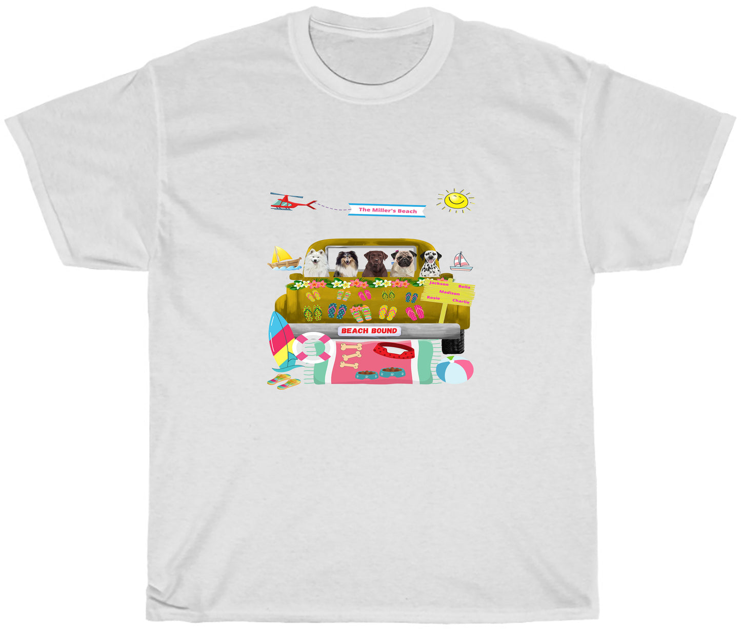 Personalized Beach Bound Dog Cat Pets T-shirt 1 to 5 Pets