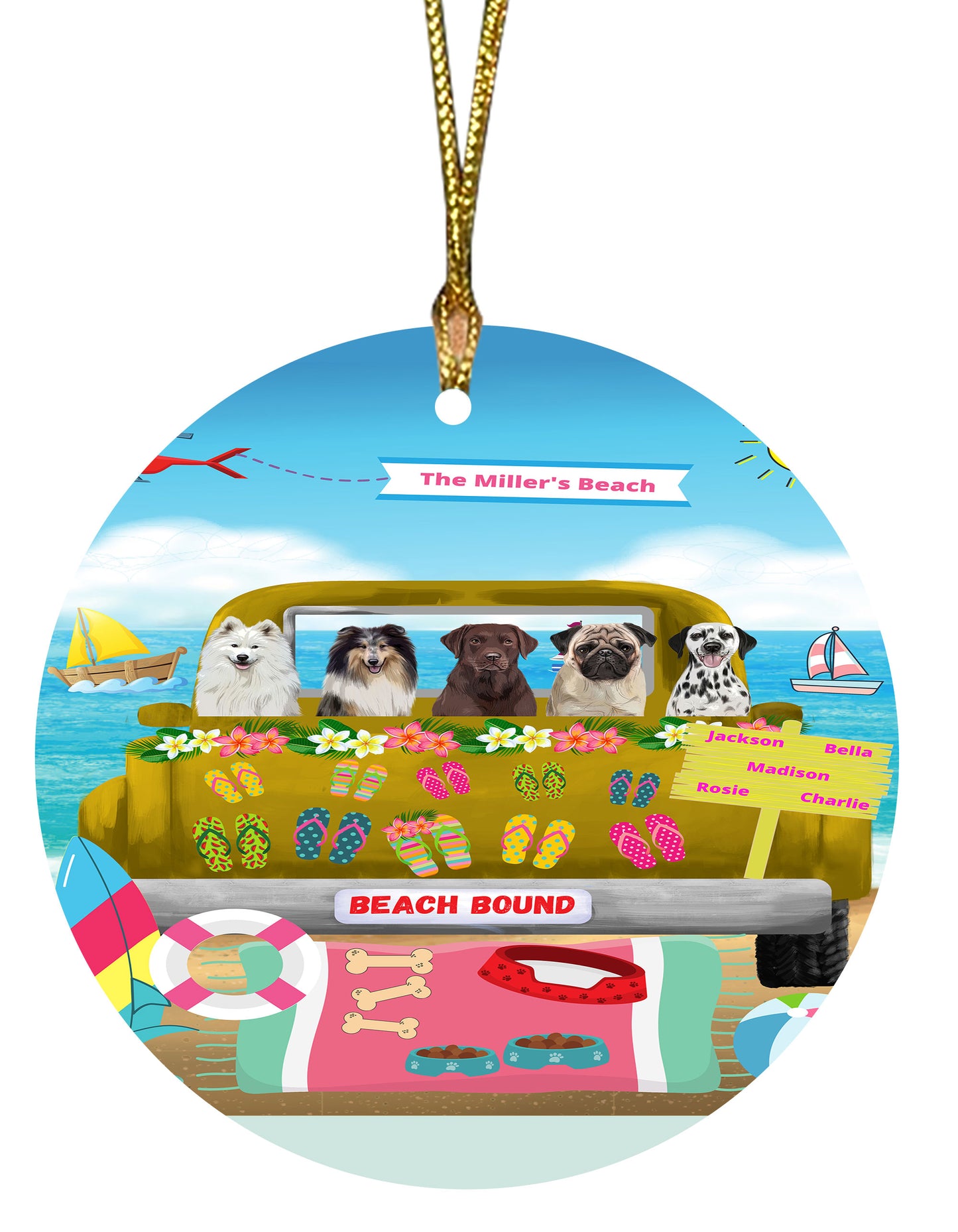 Personalized Beach Bound Dog Cat Pets Round Flat Christmas Tree Ornament 1-5 Pets