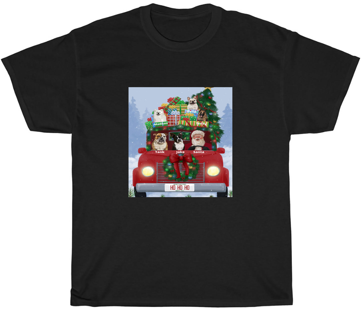 Personalized Merry Christmas Red Truck 2 Dog Cat Pets T-shirt 1 to 5 Pets