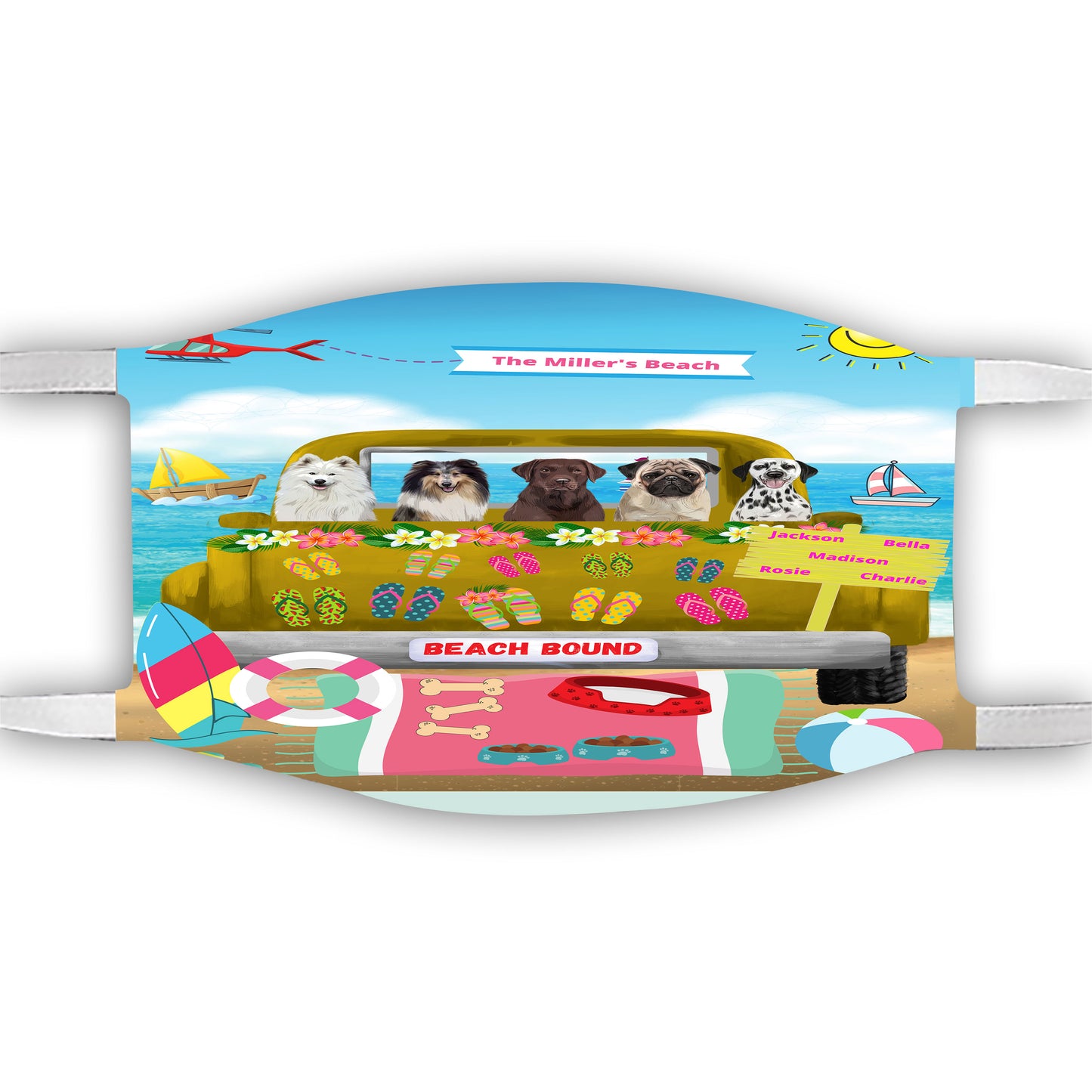 Personalized Beach Bound Dog Cat Pets Face Mask 1 to 5 Pets