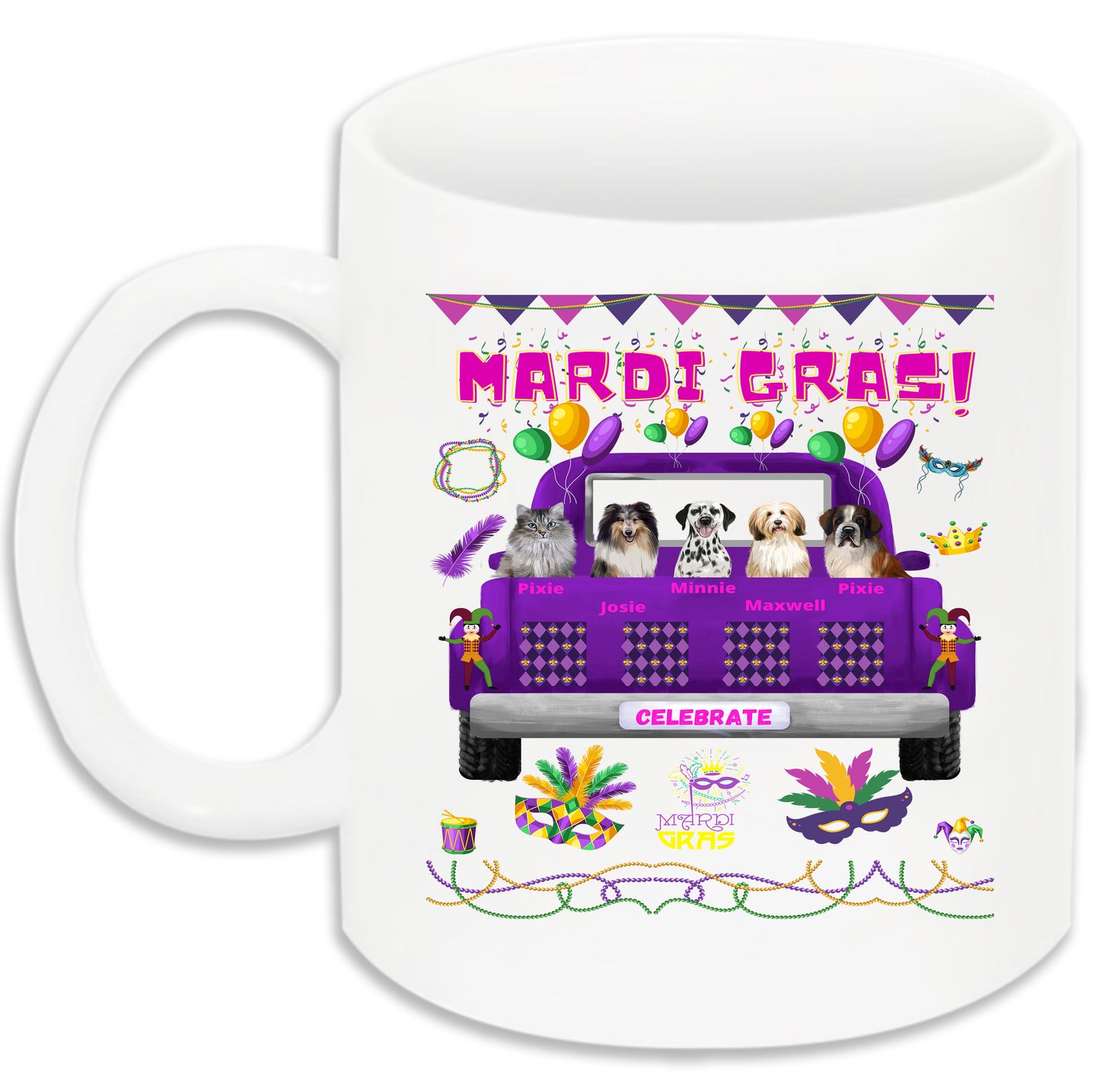 Personalized Mardi Gras Dog Cat Pets Mug 1 to 5 Pets