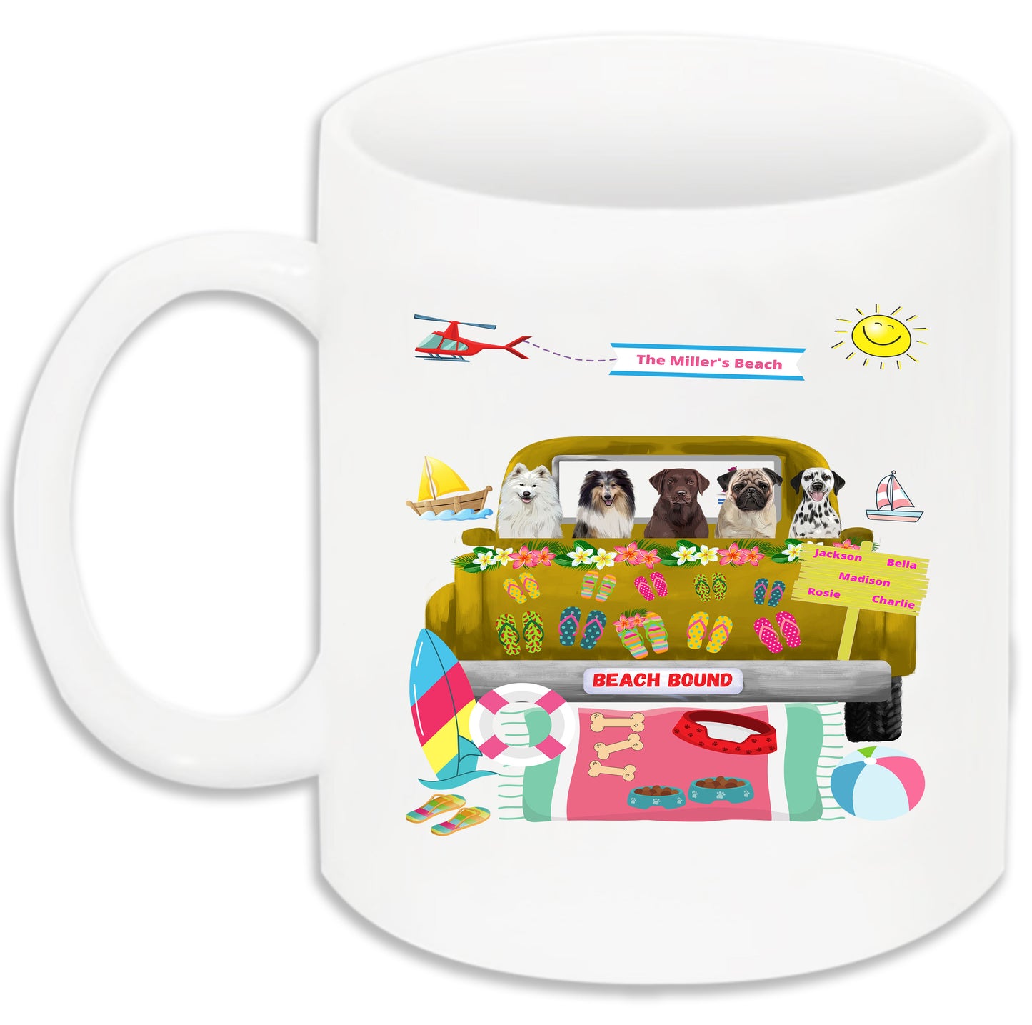 Personalized Beach Bound Dog Cat Pets Mug 1 to 5 Pets