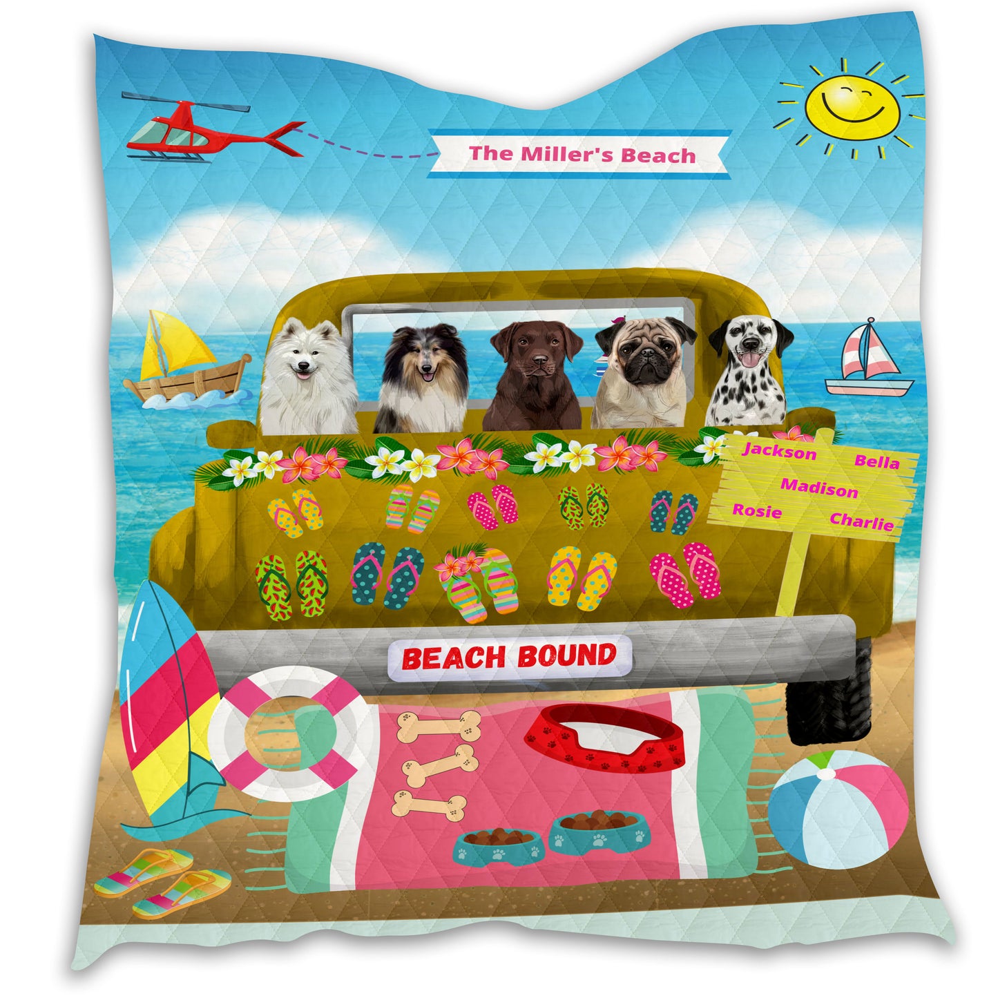 Personalized Beach Bound Dog Cat Pets Quilt 1-5 Pets
